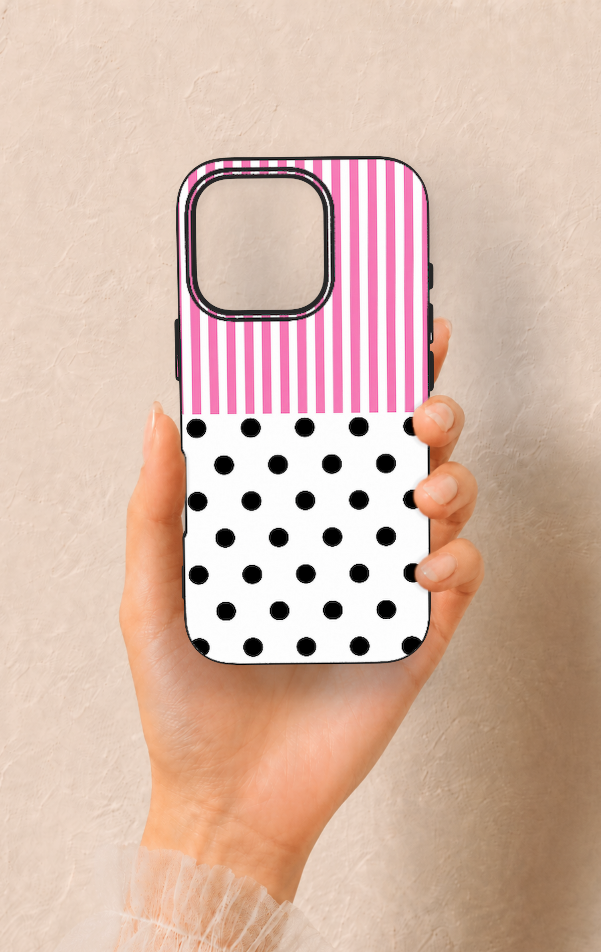 iPhone 16 Pro Uyumlu Pembe Çizgili Puantiye Desenli Silikon Kılıf
