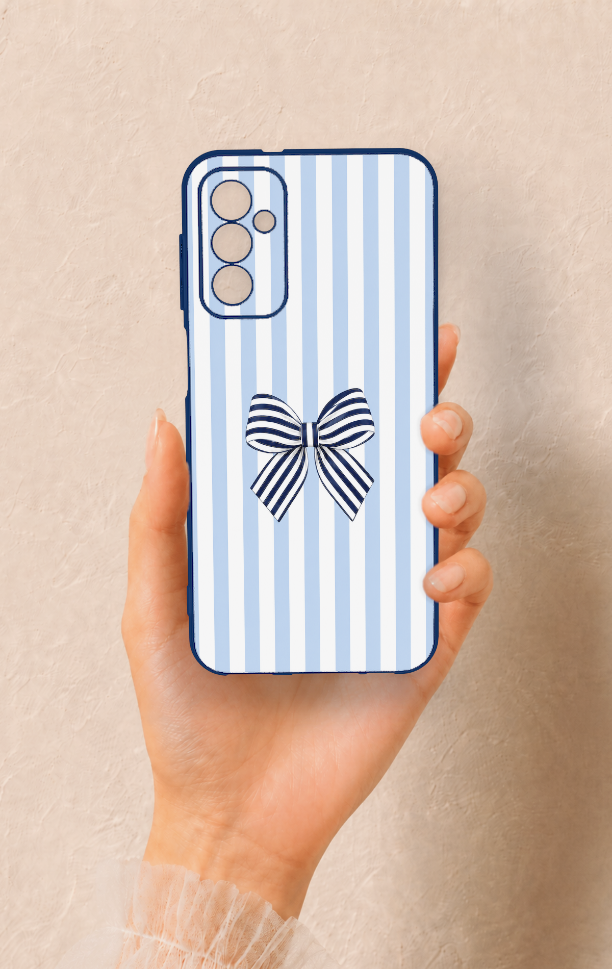Samsung M13 Uyumlu Mavi Beyaz Kurdele Desenli Silikon Kılıf