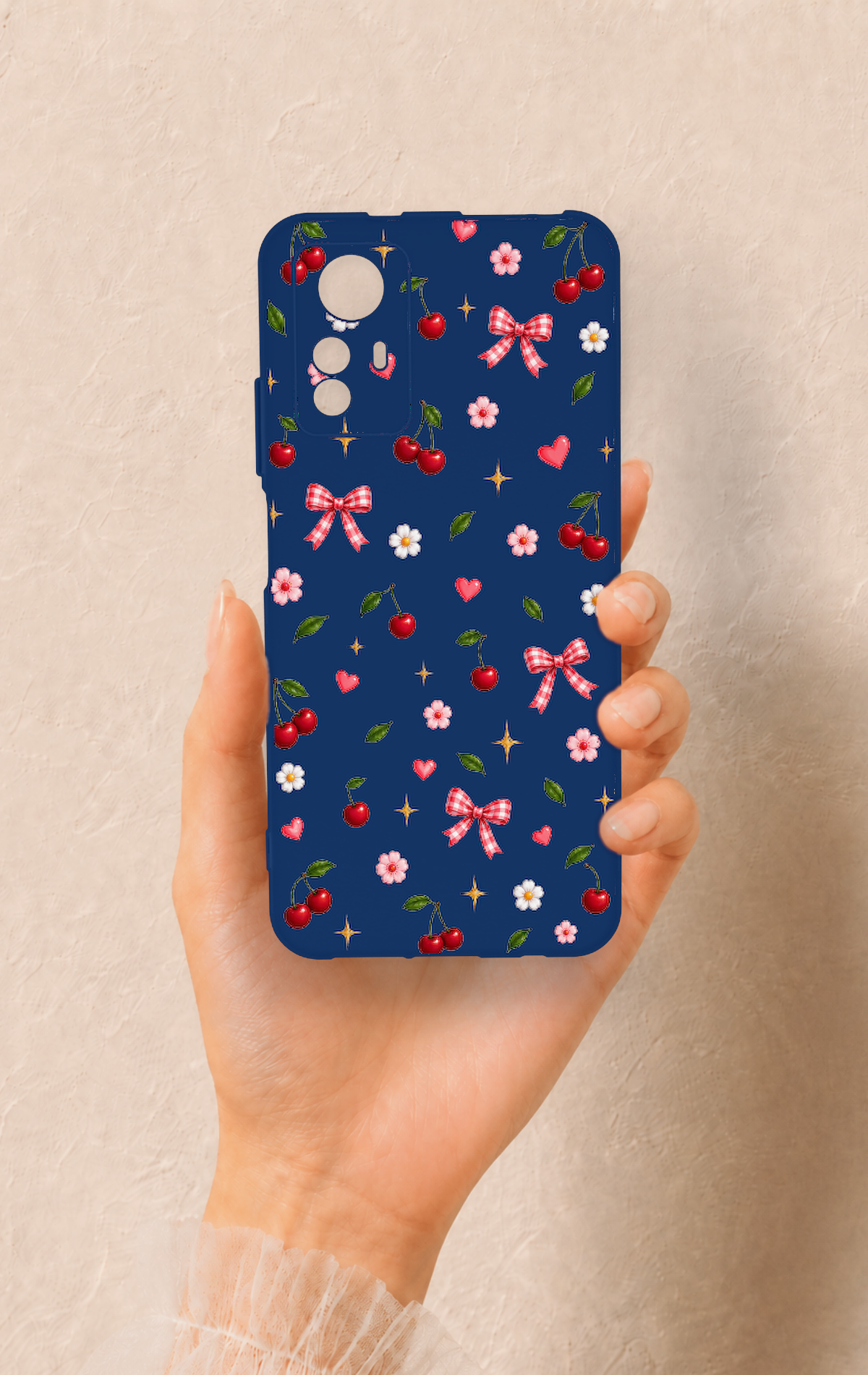 Redmi Note 12S Uyumlu Çiçek Kiraz Fiyonk Desenli Silikon Kılıf