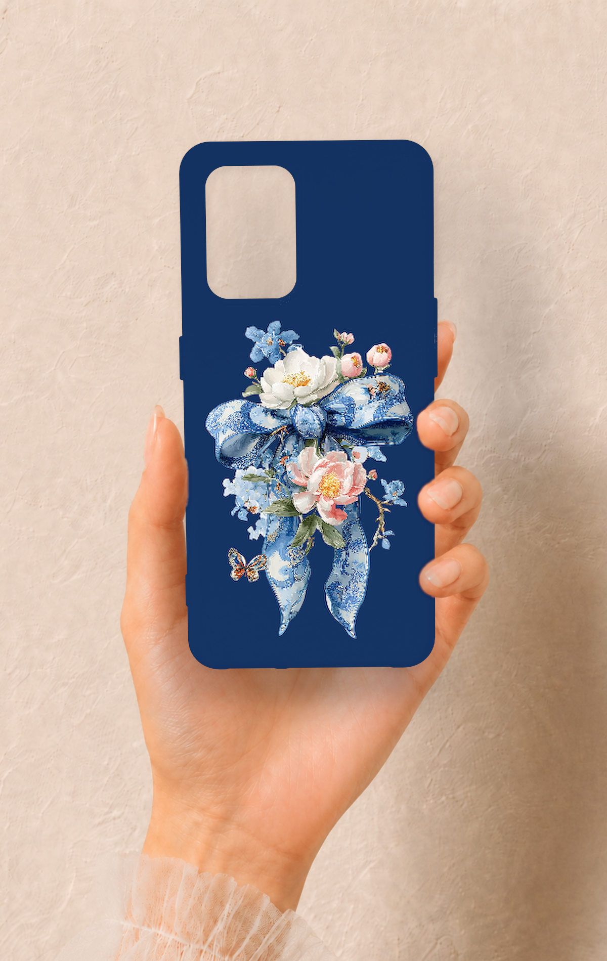 Oppo-A74 Uyumlu Mavi Kurdeleli Çiçek Desenli Silikon Kılıf
