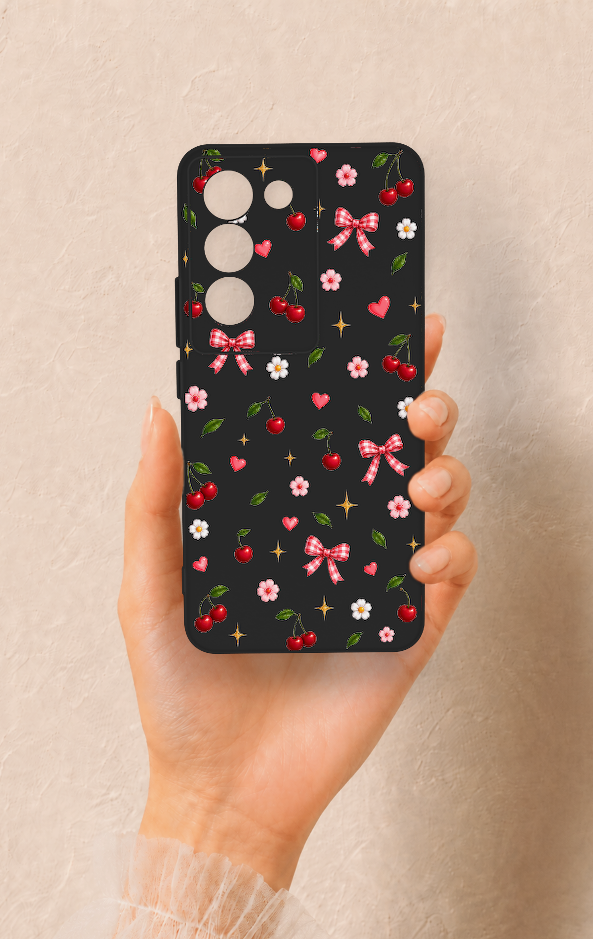 Vivo V30 Lite Uyumlu Papatya Kiraz Fiyonk Desenli Silikon Kılıf
