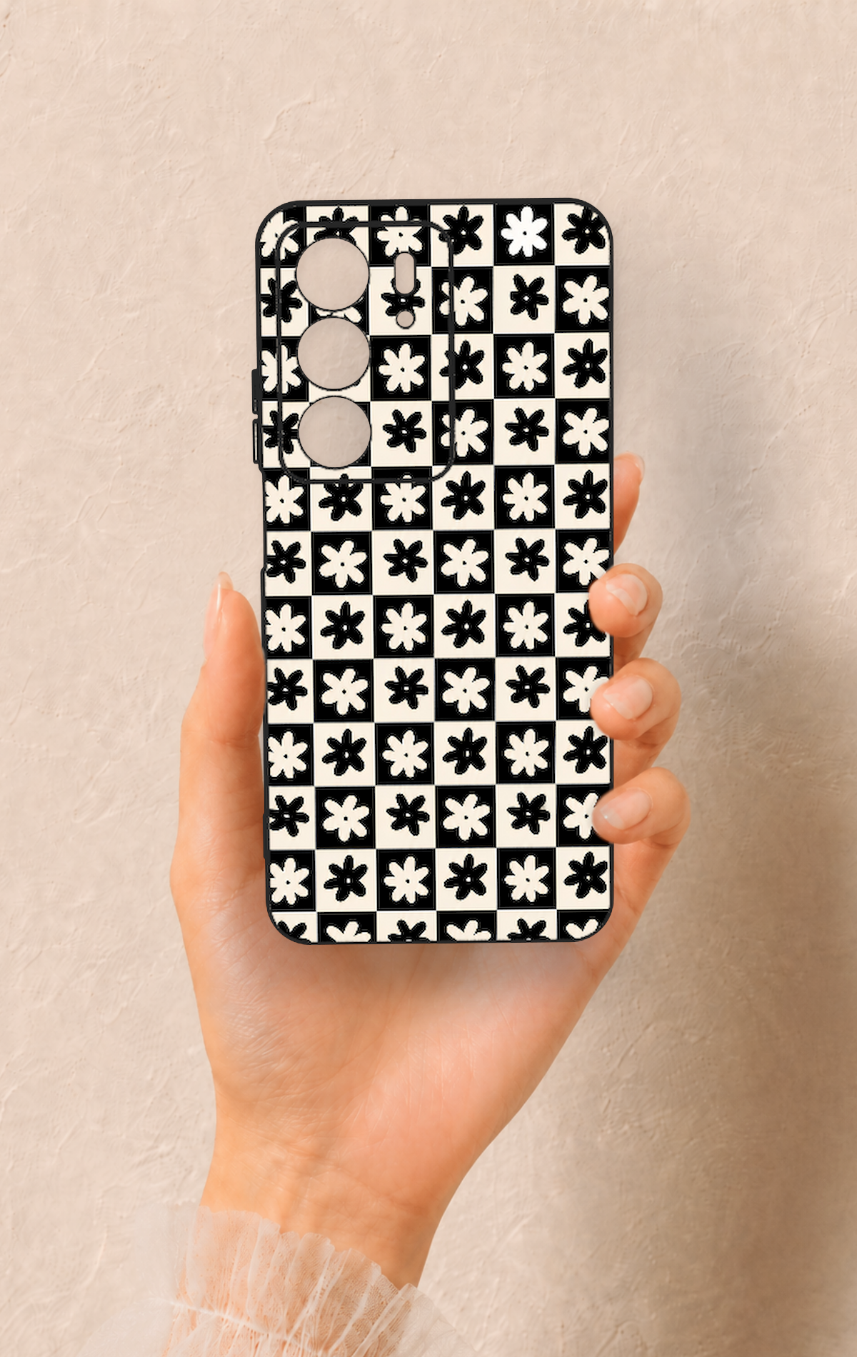 Realme C75 Uyumlu Çiçek Motifli Dama Desenli Silikon Kılıf
