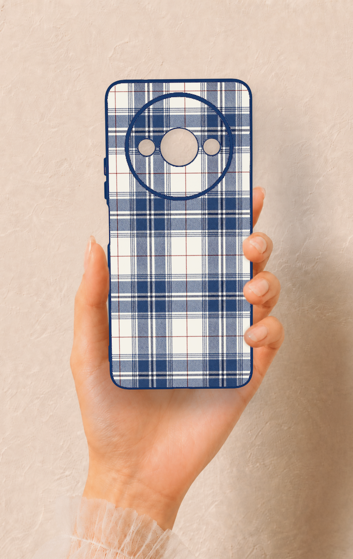 Redmi A3 Uyumlu Bej Lacivert Ekose Desenli Silikon Kılıf