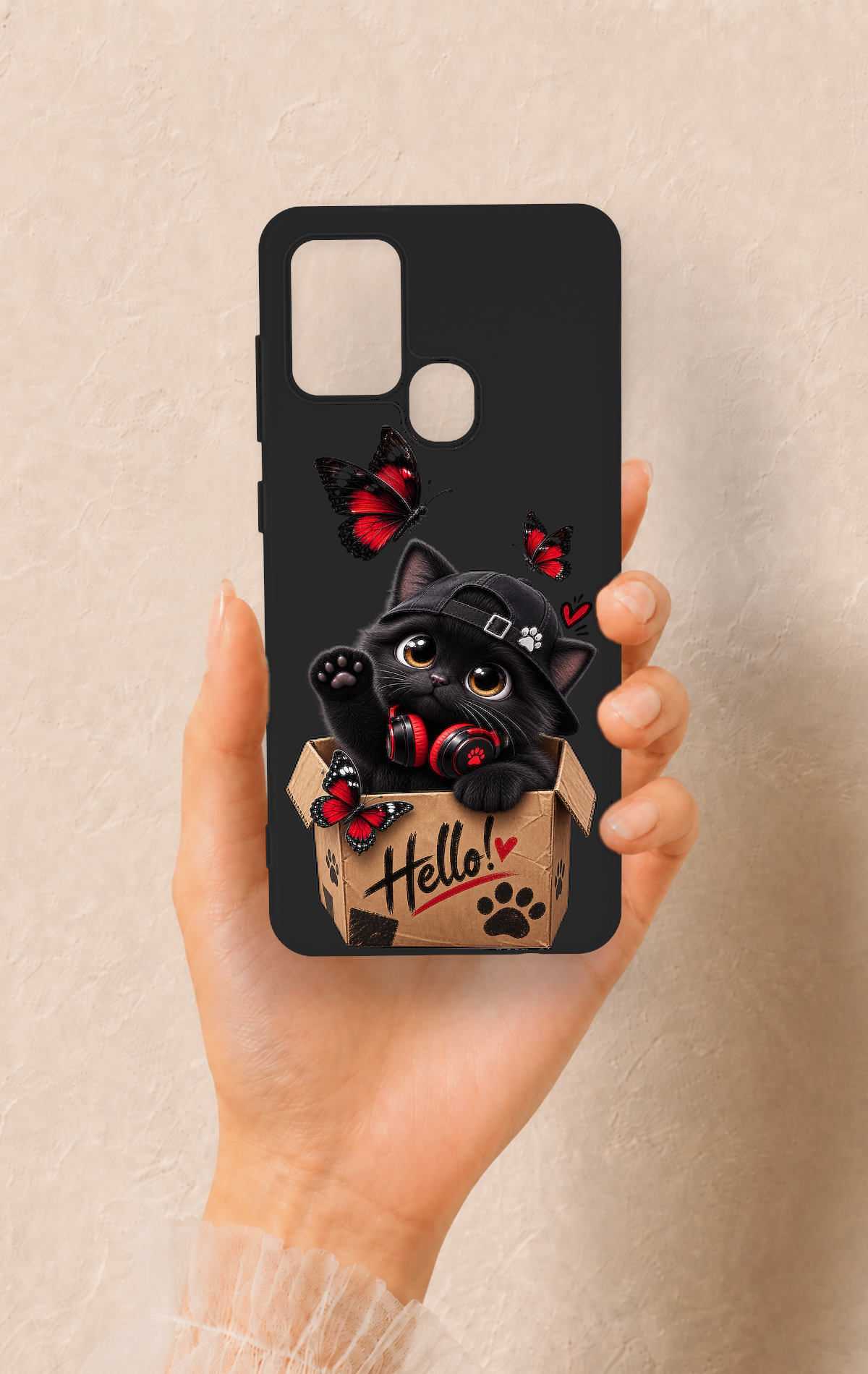 Samsung A21S Uyumlu Hello Cat Desenli Silikon Kılıf