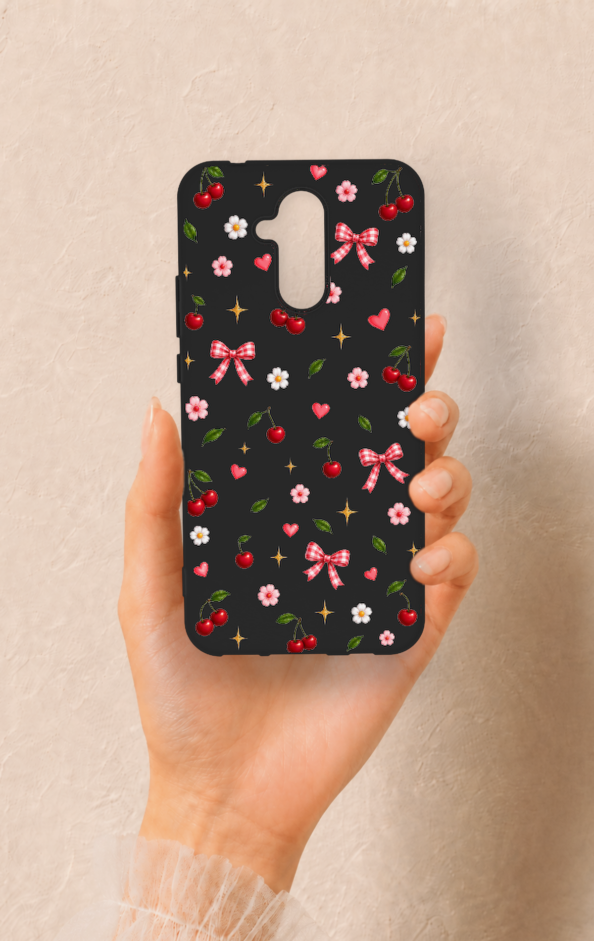 Huawei Mate 20 Lite Uyumlu Papatya Kiraz Fiyonk Desenli Silikon Kılıf