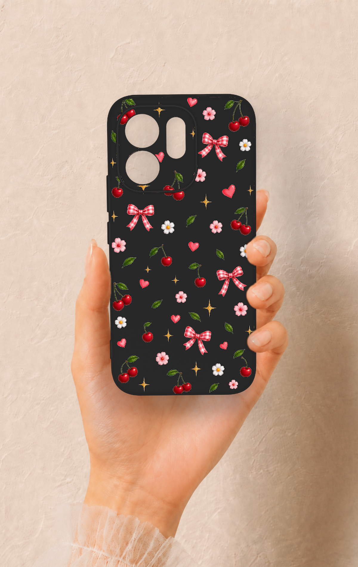 Vivo V70 5G Uyumlu Papatya Kiraz Fiyonk Desenli Silikon Kılıf
