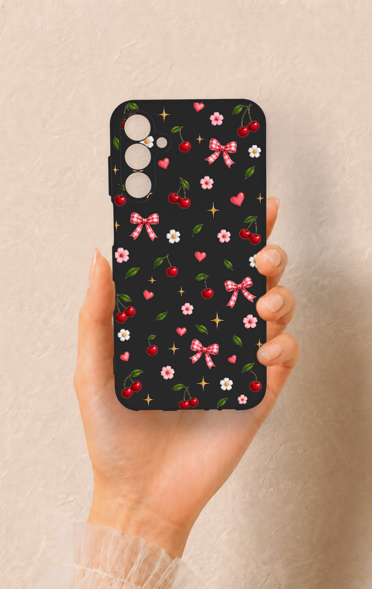 Samsung A15 Uyumlu Papatya Kiraz Fiyonk Desenli Silikon Kılıf
