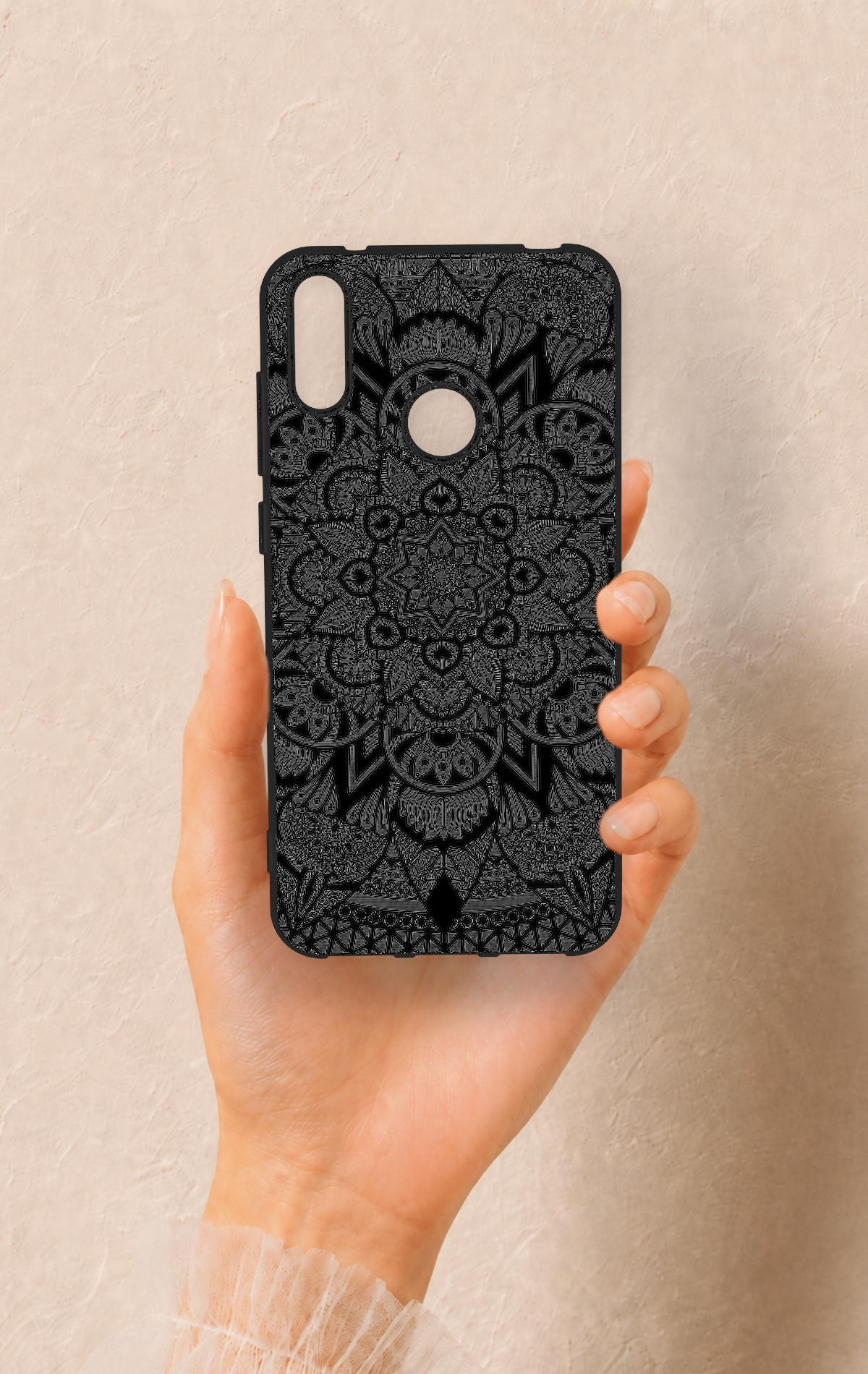 Huawei Y7 2019 Uyumlu Siyah Beyaz Mandala Desenli Silikon Kılıf