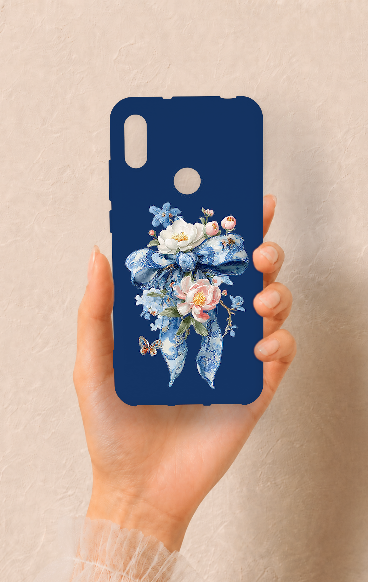 Huawei Y6 2019 Uyumlu Mavi Kurdeleli Çiçek Desenli Silikon Kılıf
