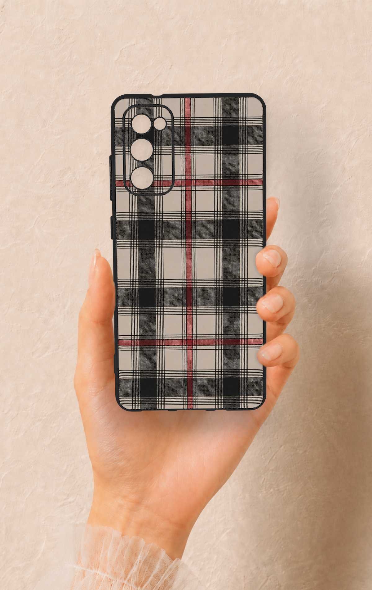 Samsung S20Fe Uyumlu Siyah Kırmızı Ekose Desenli Silikon Kılıf