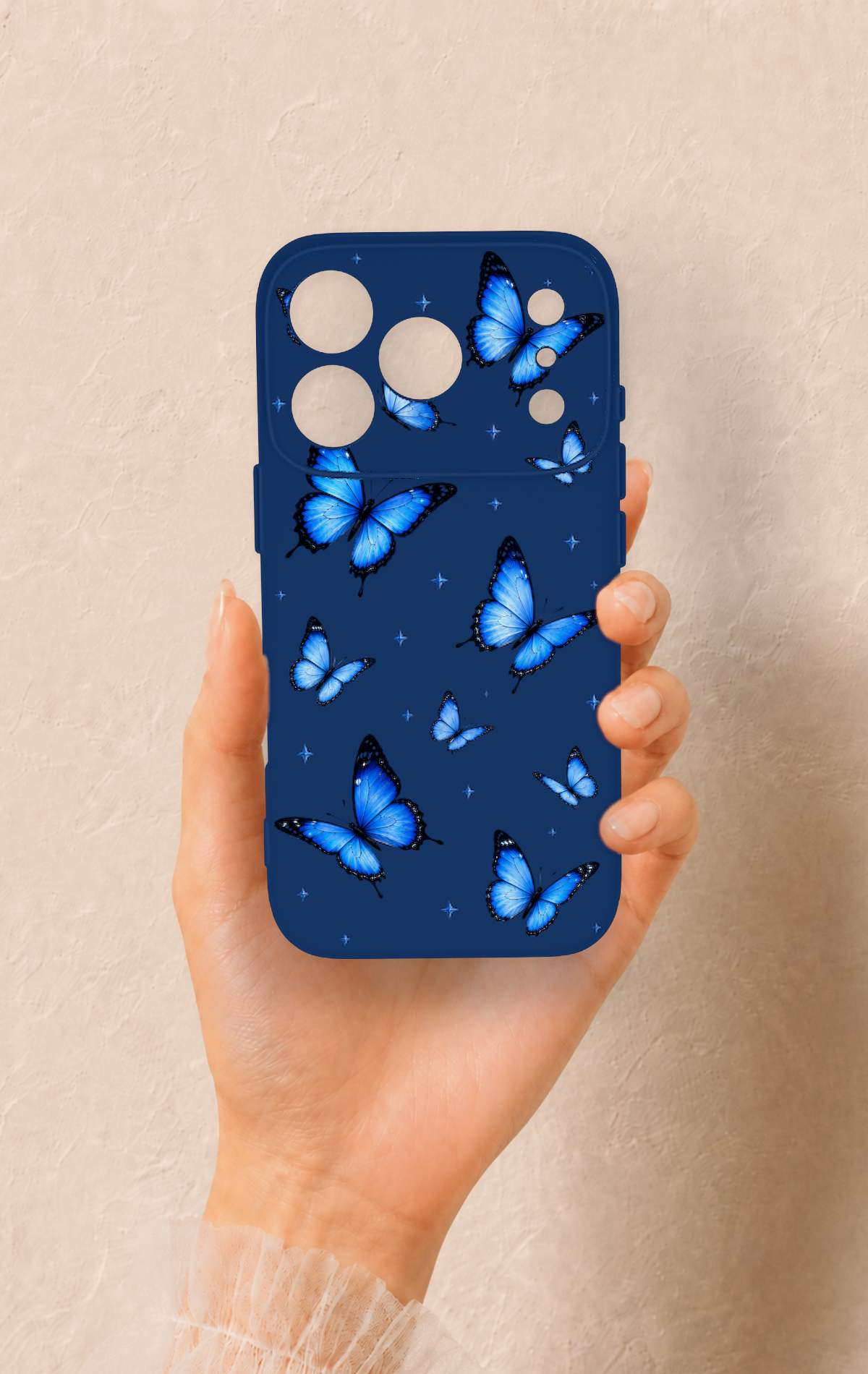 iPhone 17 Pro Uyumlu Parlak Mavi Kelebek Desenli Silikon Kılıf