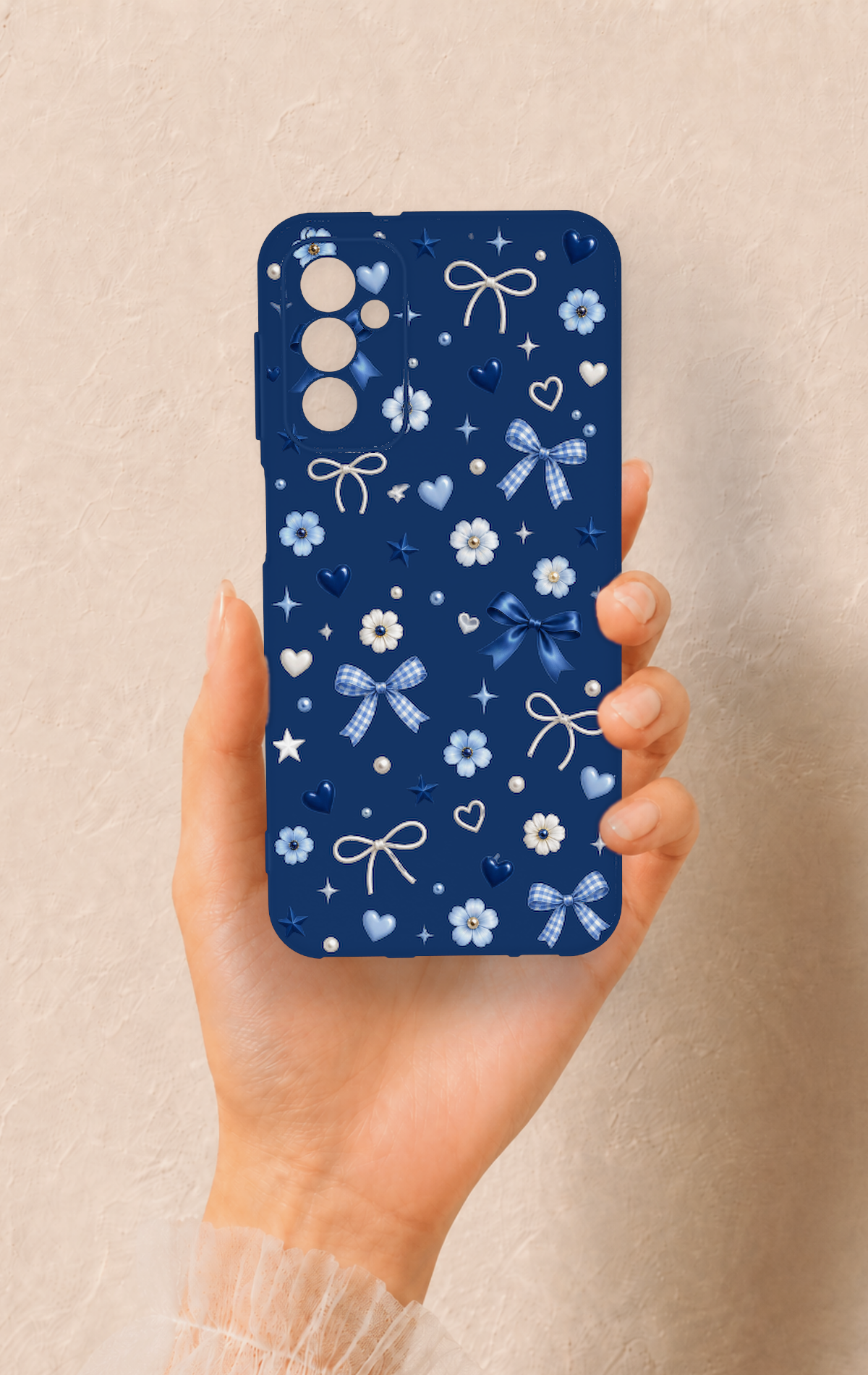 Samsung M13 Uyumlu Mavi Papatya Fiyonk Desenli Silikon Kılıf