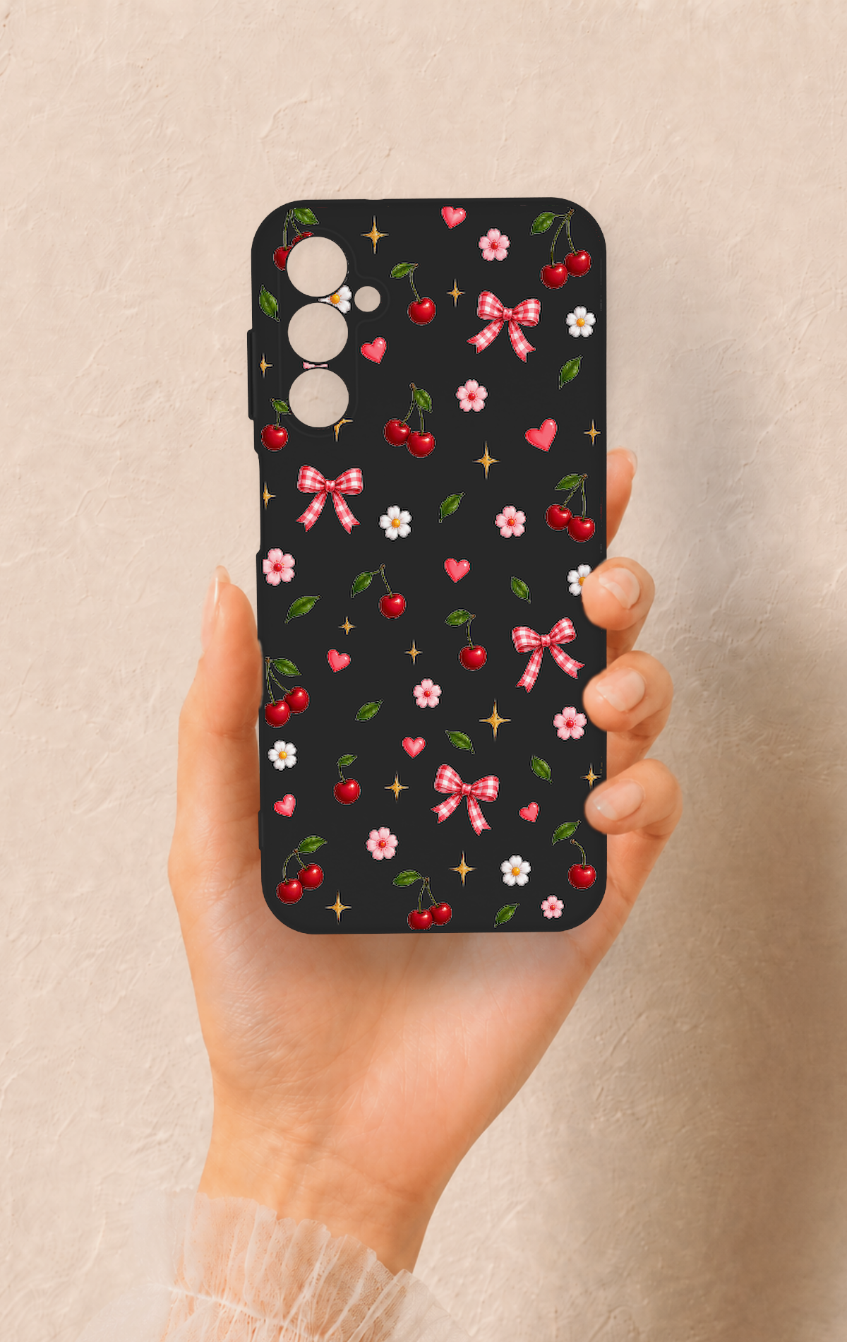 Samsung M14 Uyumlu Papatya Kiraz Fiyonk Desenli Silikon Kılıf