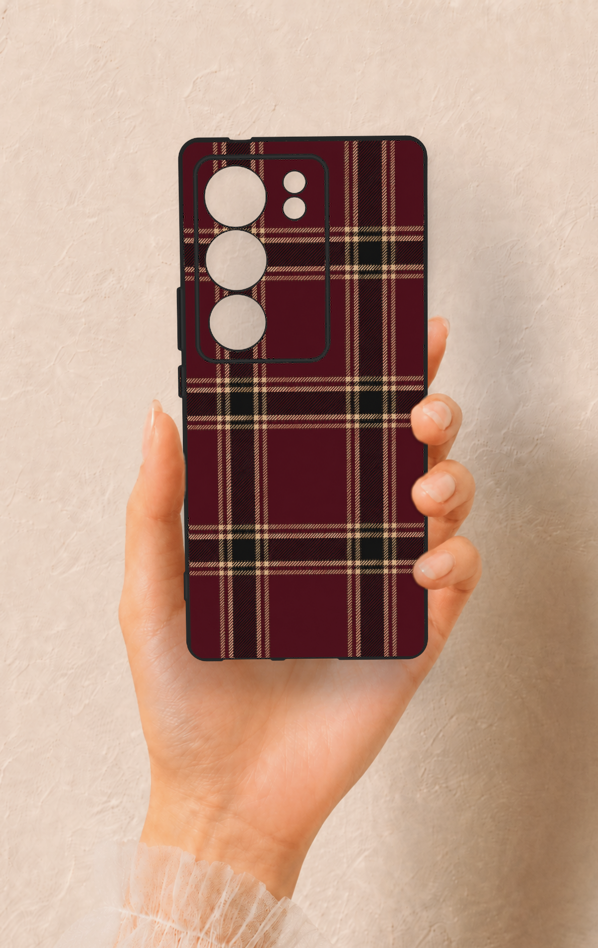 Vivo V29 Uyumlu Bordo Siyah Ekose Desenli Silikon Kılıf