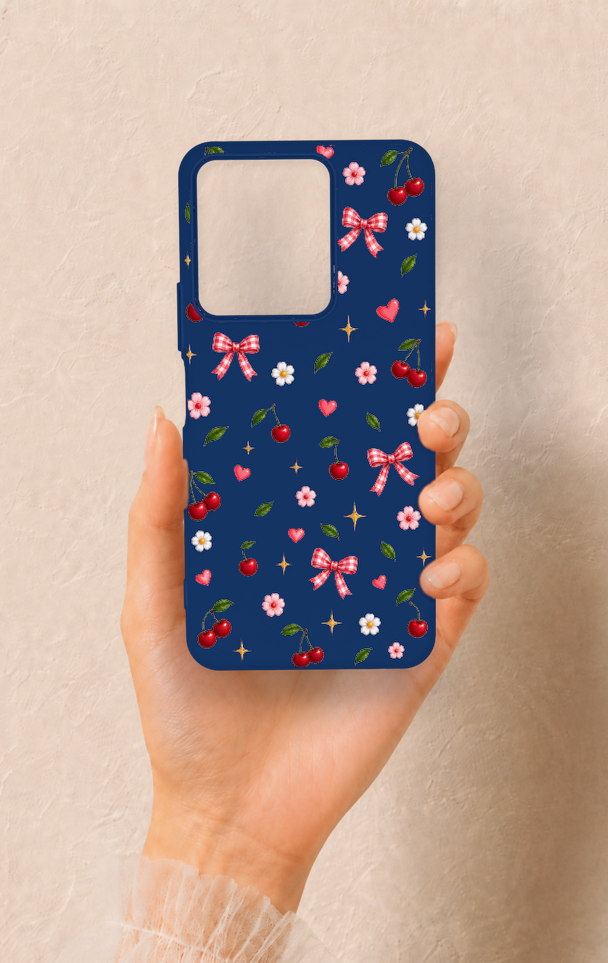Vivo Y35 Uyumlu Çiçek Kiraz Fiyonk Desenli Silikon Kılıf