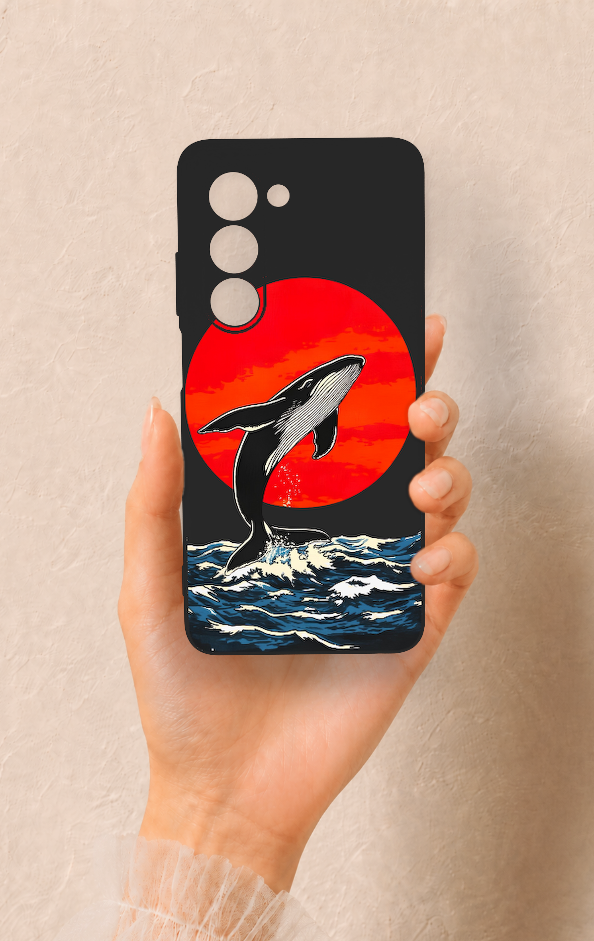 Oppo A5 5G Uyumlu Kırmızı Güneş Balina Desenli Silikon Kılıf