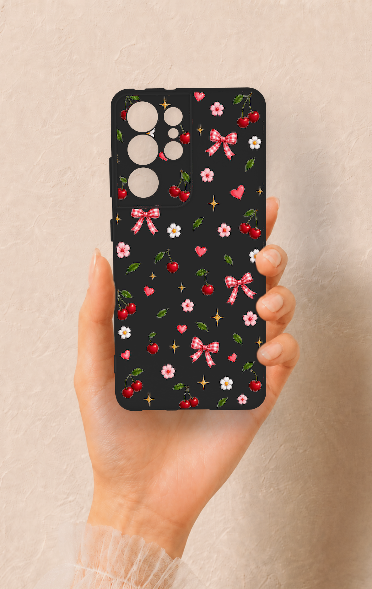 Samsung S21 Ultra Uyumlu Papatya Kiraz Fiyonk Desenli Silikon Kılıf