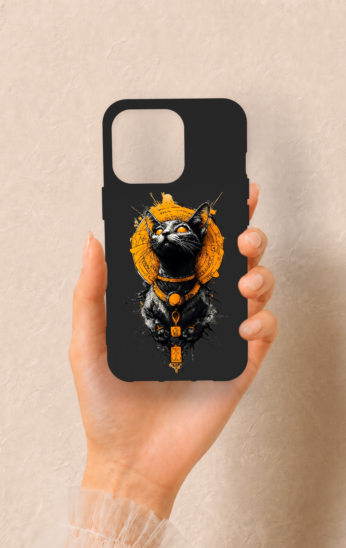 iPhone 13 Pro Uyumlu Mısırlı Kedi Tanrısı Desenli Silikon Kılıf
