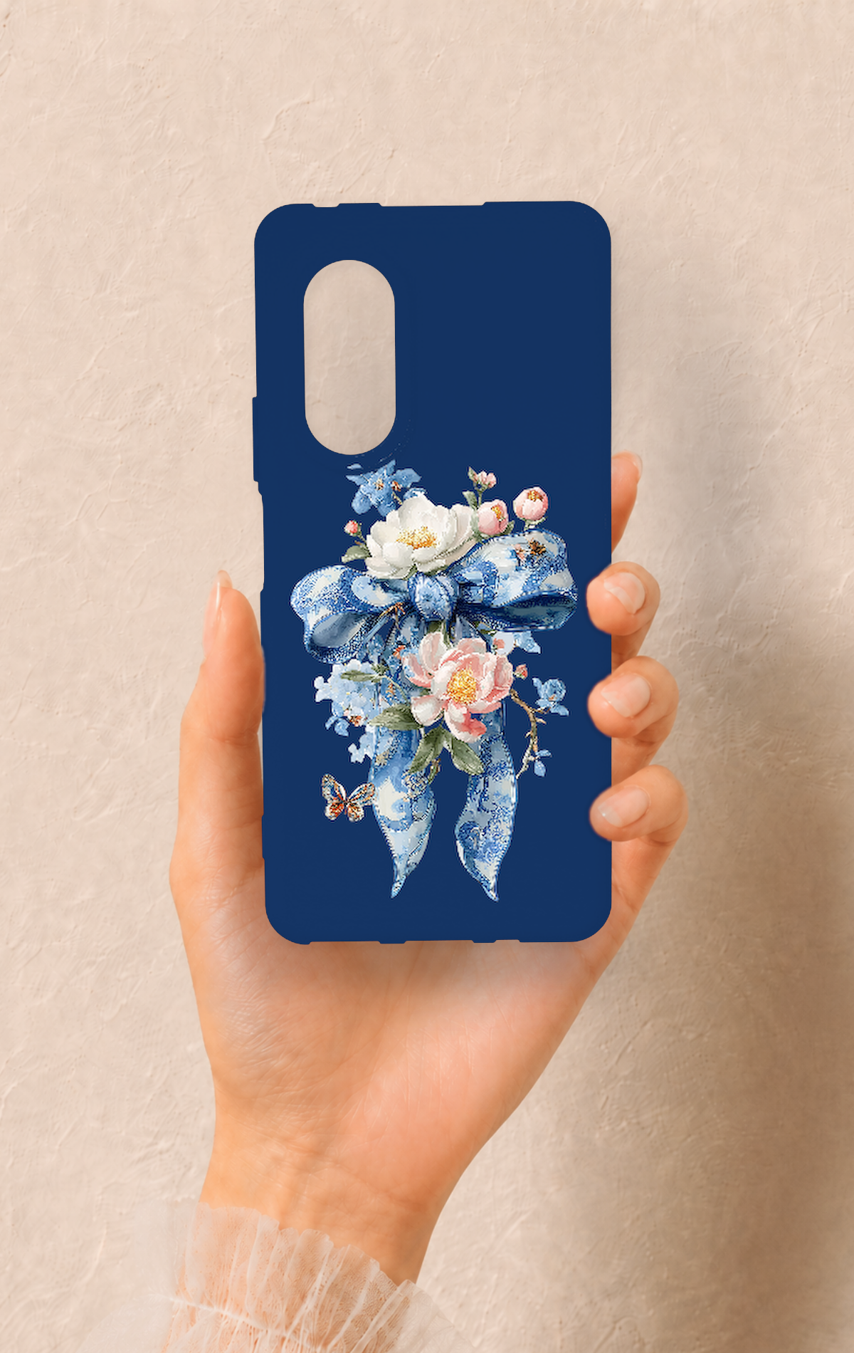 Huawei Nova 9Se Uyumlu Mavi Kurdeleli Çiçek Desenli Silikon Kılıf