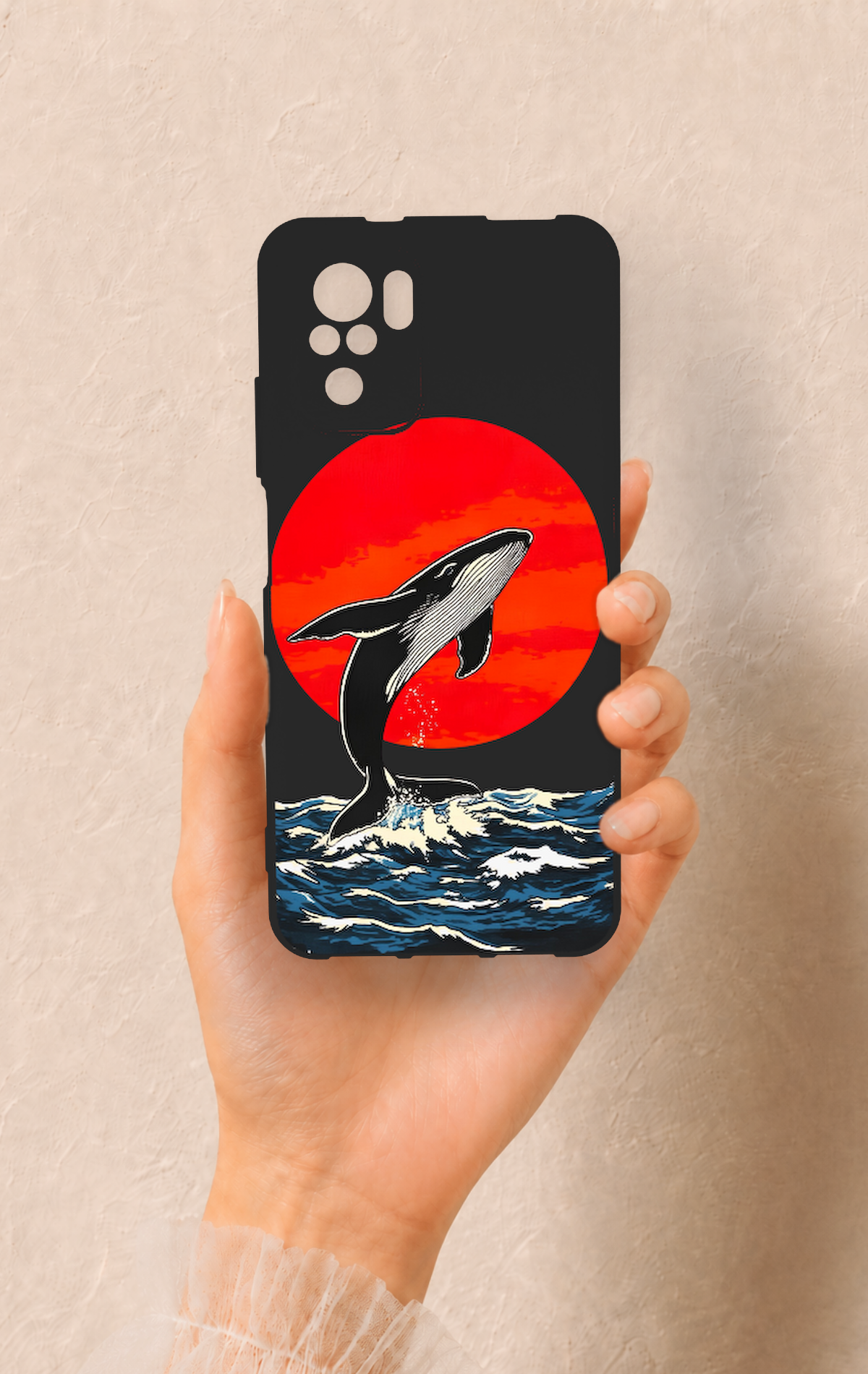 Redmi Note 10-10S Uyumlu Kırmızı Güneş Balina Desenli Silikon Kılıf