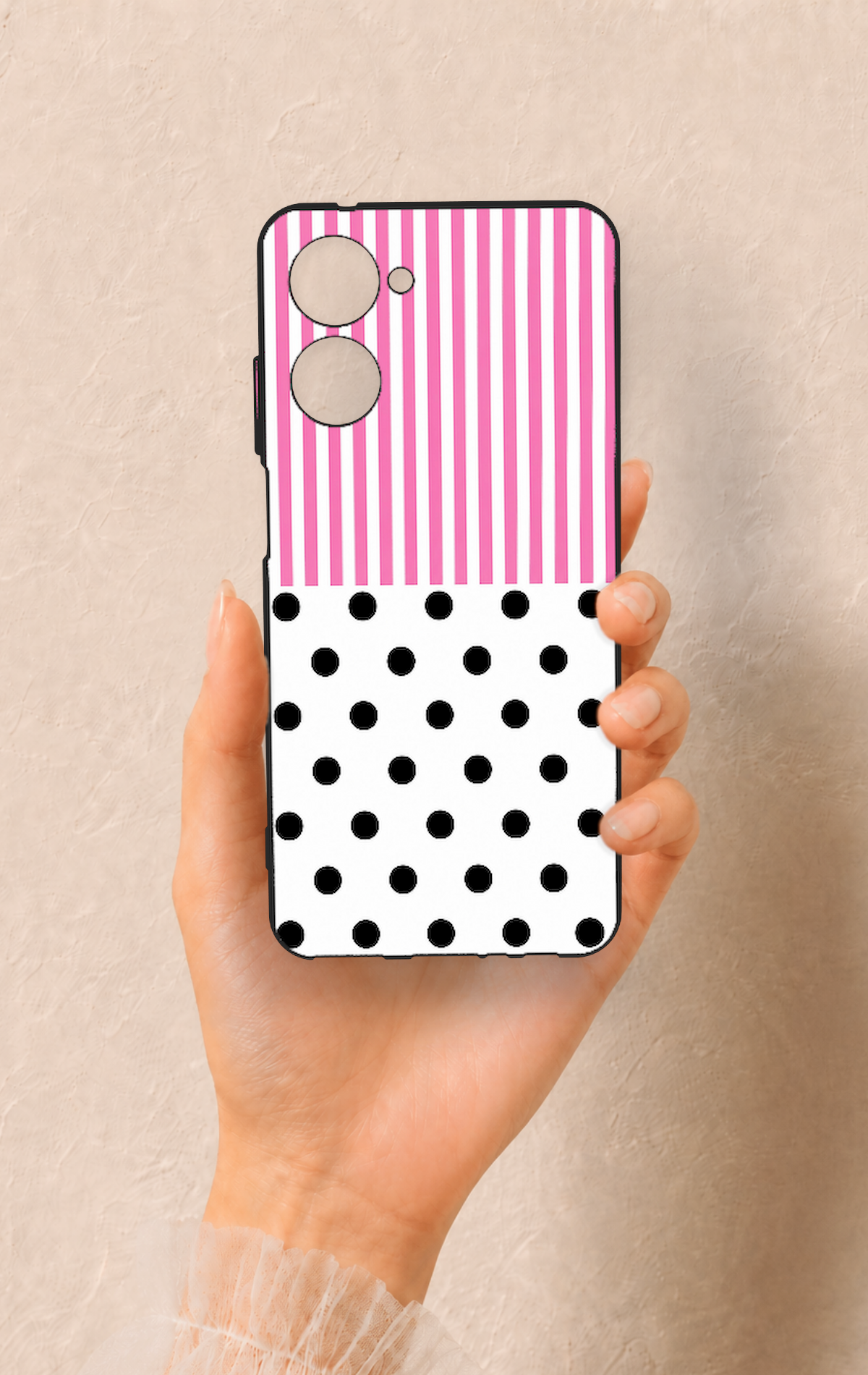 Realme 10 Uyumlu Pembe Çizgili Puantiye Desenli Silikon Kılıf