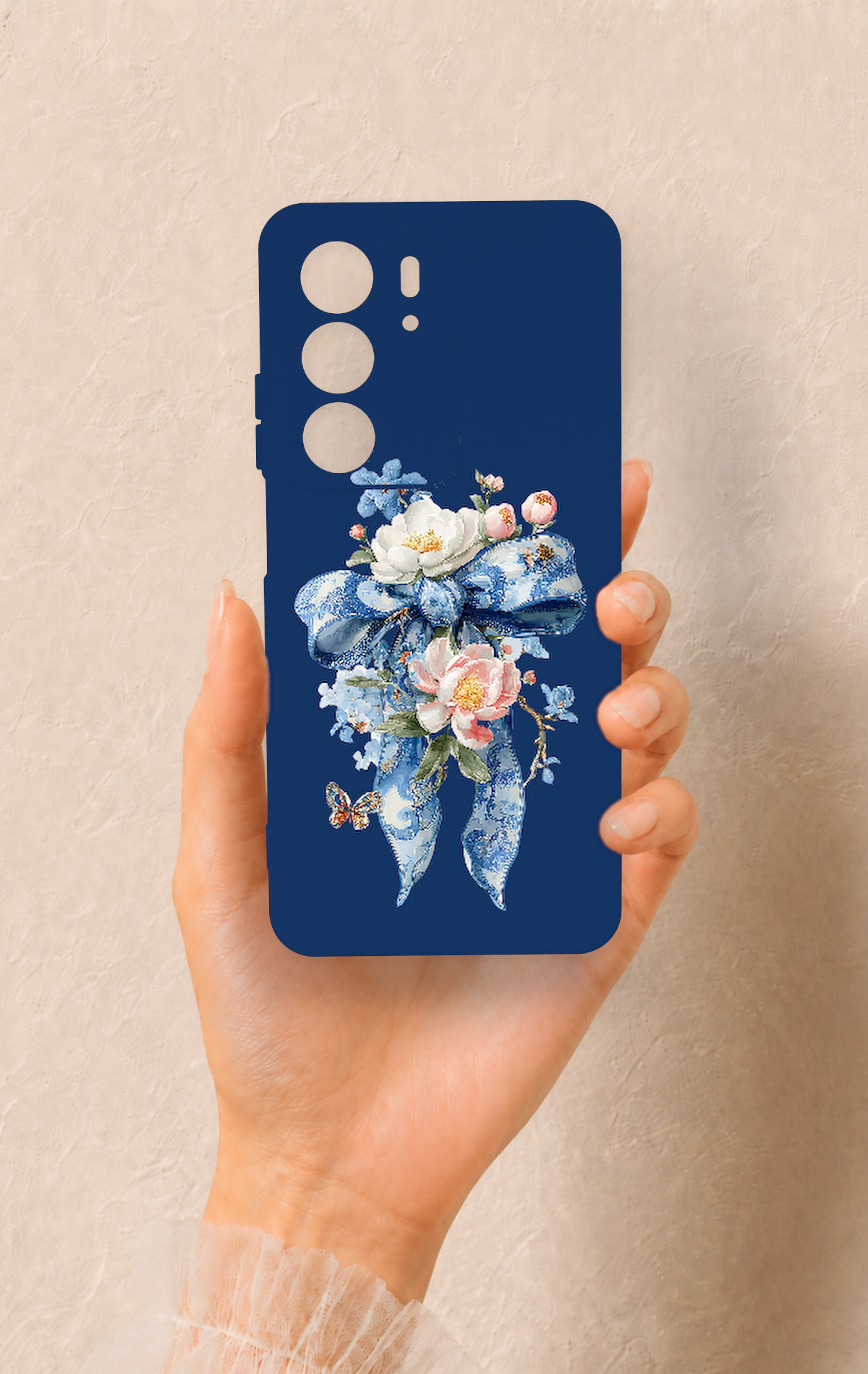 Realme C75 Uyumlu Mavi Kurdeleli Çiçek Desenli Silikon Kılıf