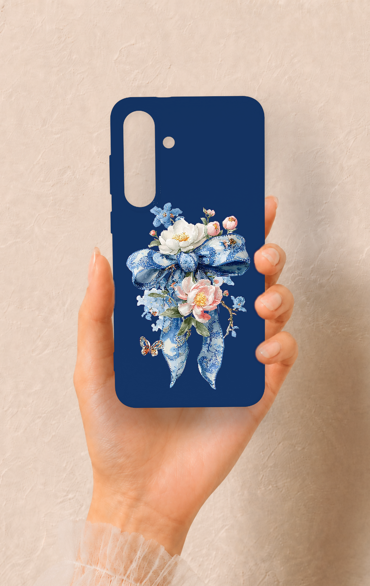 Samsung S25Fe Uyumlu Mavi Kurdeleli Çiçek Desenli Silikon Kılıf