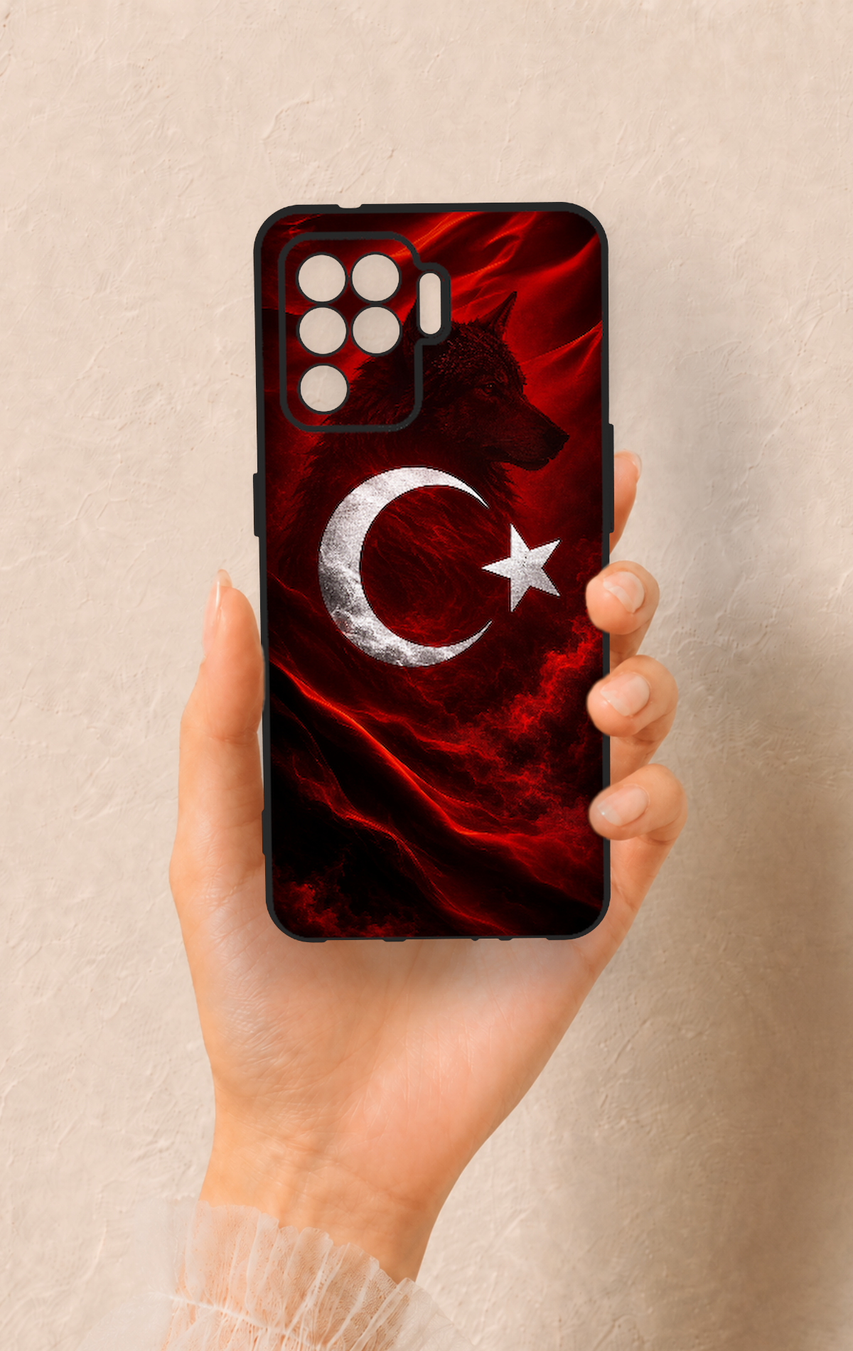 Oppo Reno 5 Lite Uyumlu Kurt Türk Bayrağı Desenli Silikon Kılıf