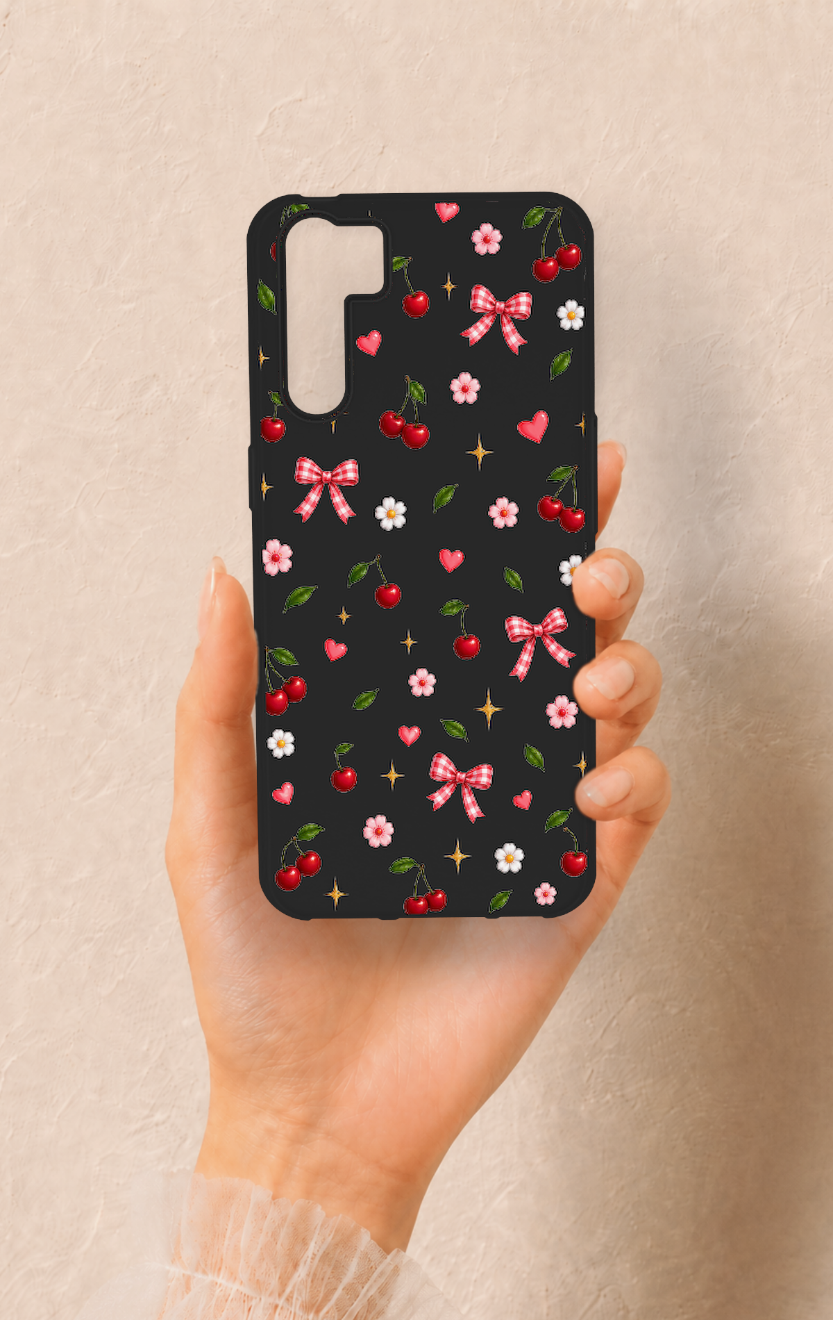 Oppo A91 Uyumlu Papatya Kiraz Fiyonk Desenli Silikon Kılıf