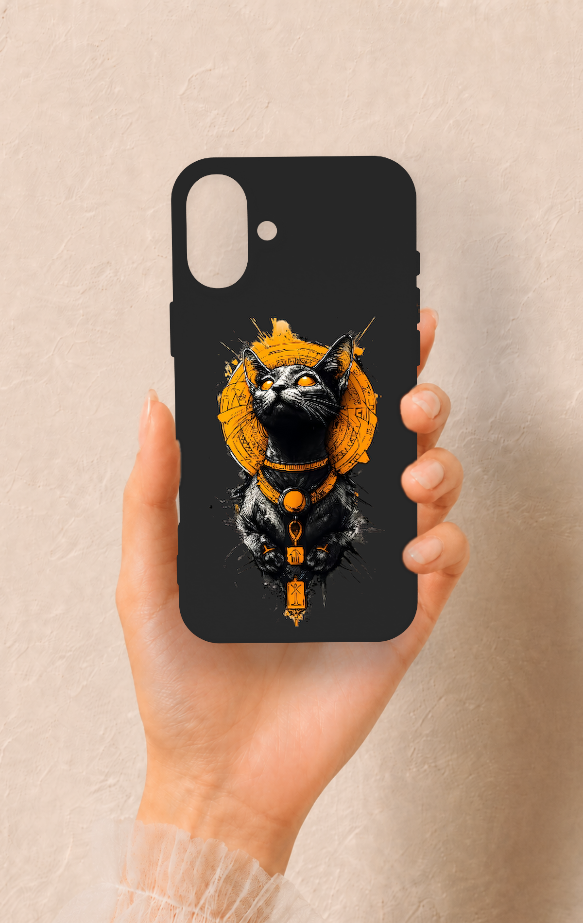 iPhone 16 Plus Uyumlu Mısırlı Kedi Tanrısı Desenli Silikon Kılıf