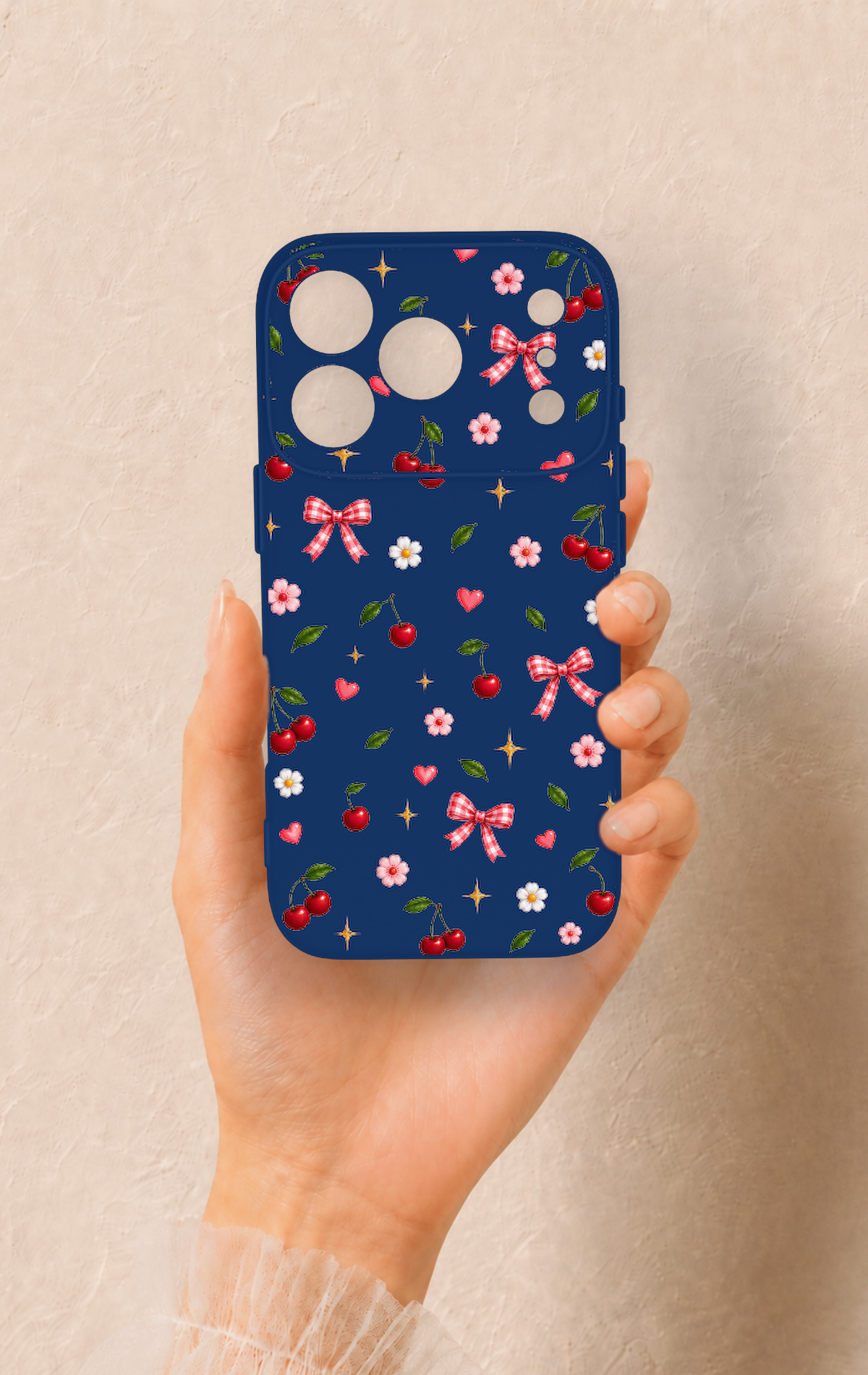 iPhone 17 Pro Uyumlu Çiçek Kiraz Fiyonk Desenli Silikon Kılıf