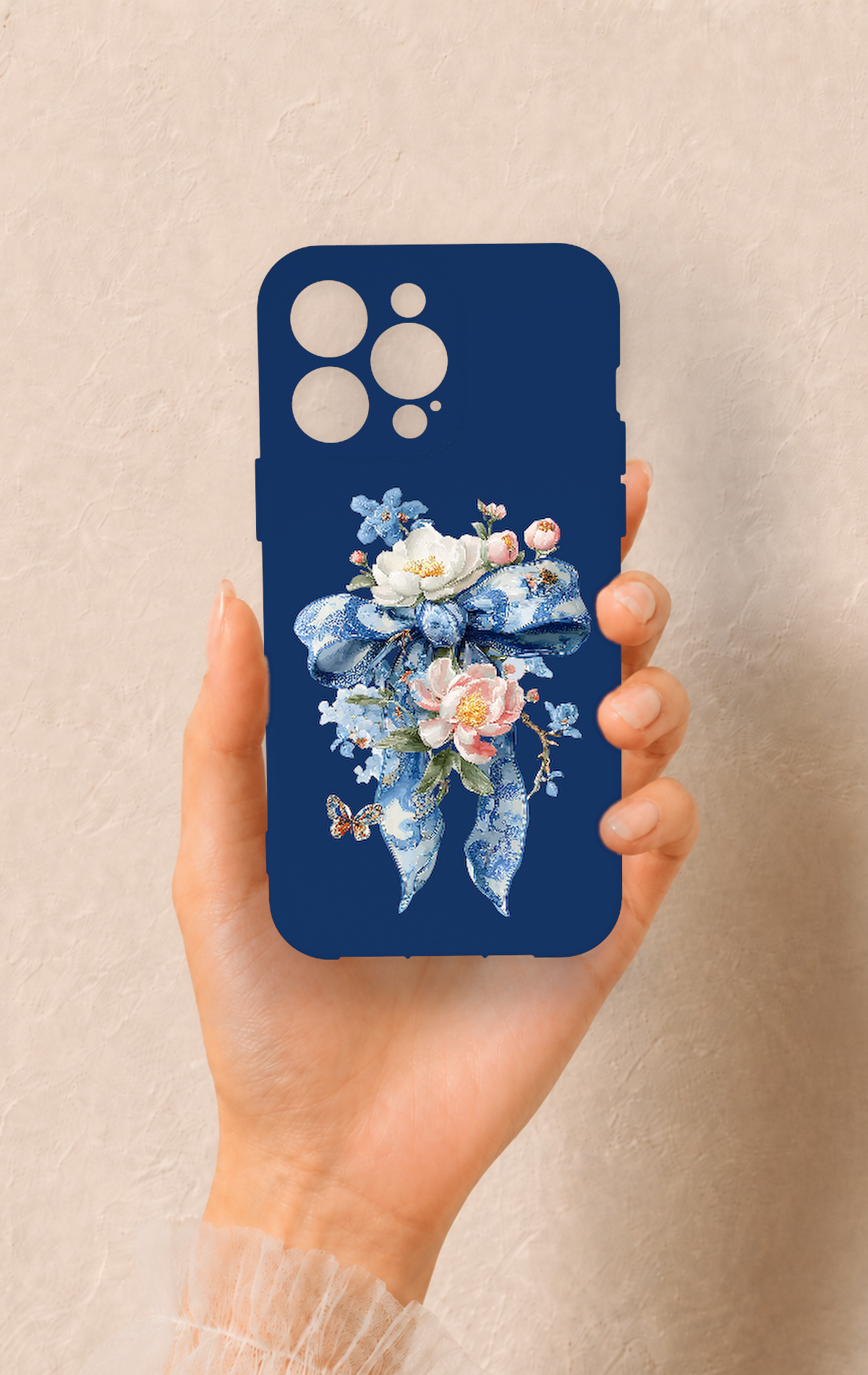 iPhone 14 Pro Max Uyumlu Mavi Kurdeleli Çiçek Desenli Silikon Kılıf