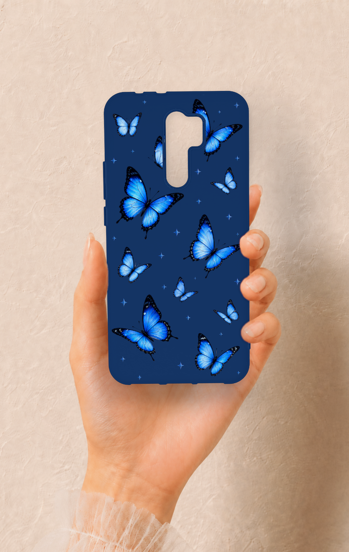 Redmi 9 Uyumlu Parlak Mavi Kelebek Desenli Silikon Kılıf