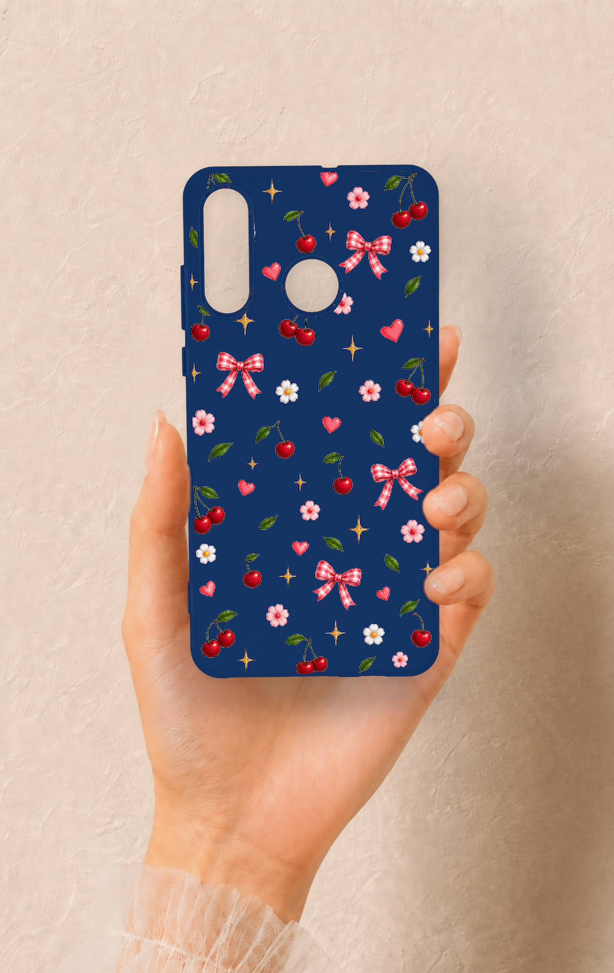 Huawei P30 Lite Uyumlu Çiçek Kiraz Fiyonk Desenli Silikon Kılıf