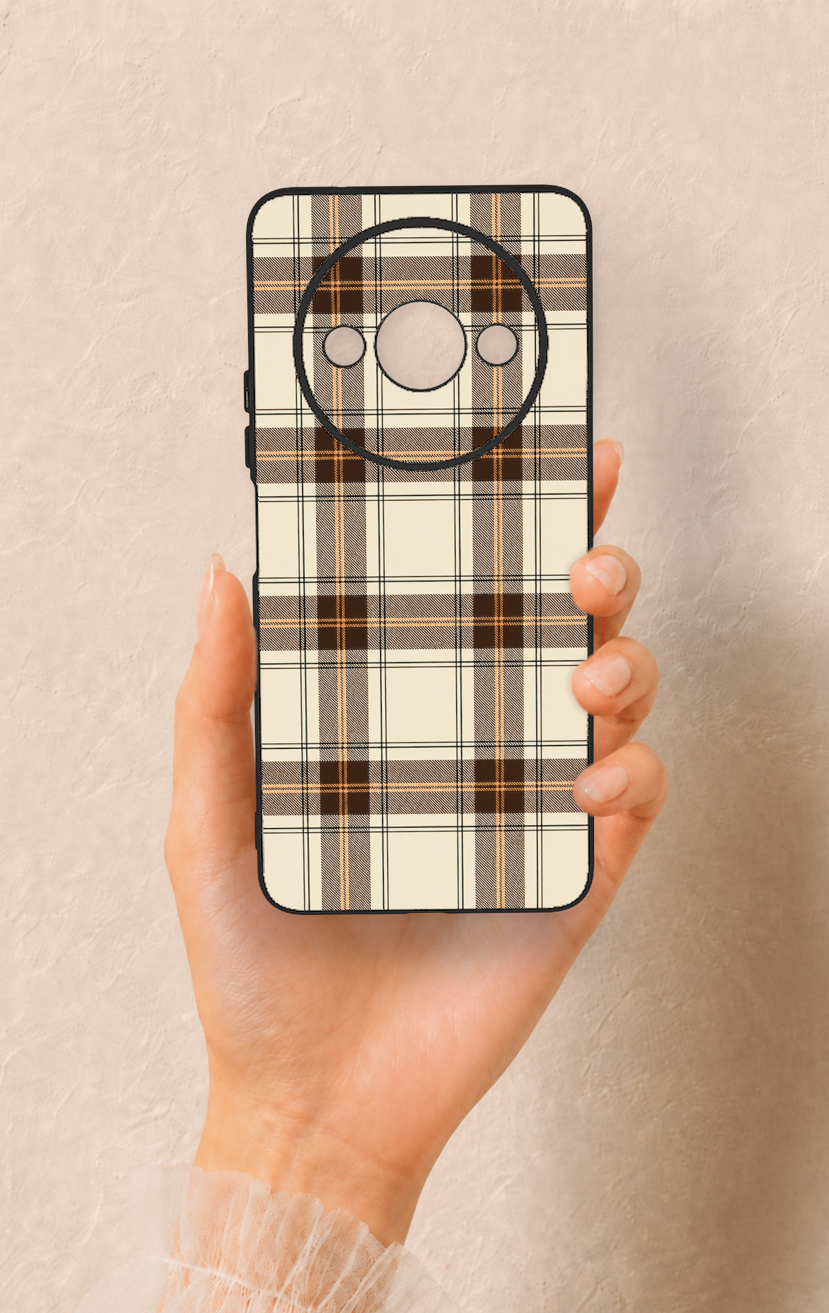 Redmi A3 Uyumlu Bej Kahverengi Ekose Desenli Silikon Kılıf