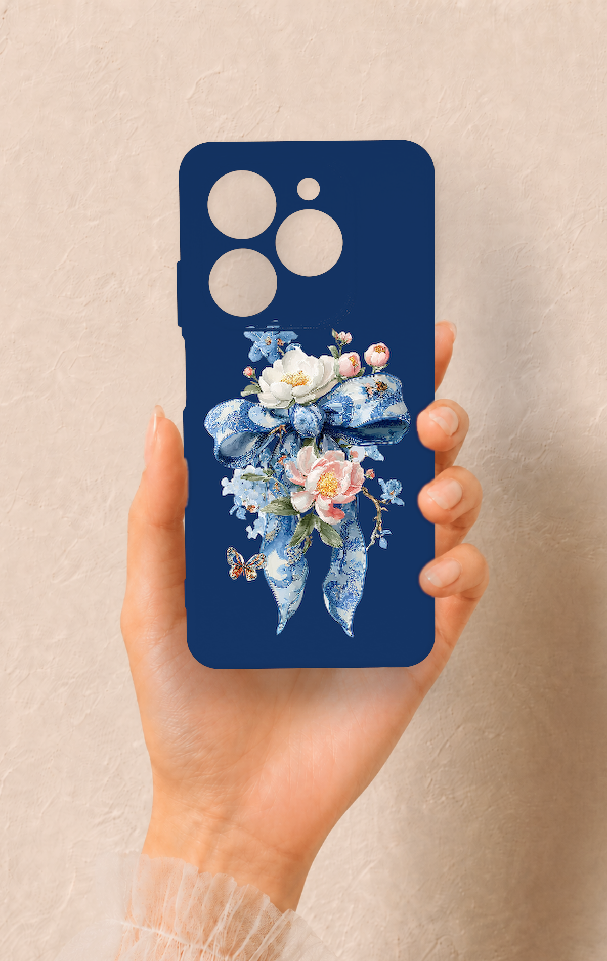 Tecno Spark 20C Uyumlu Mavi Kurdeleli Çiçek Desenli Silikon Kılıf