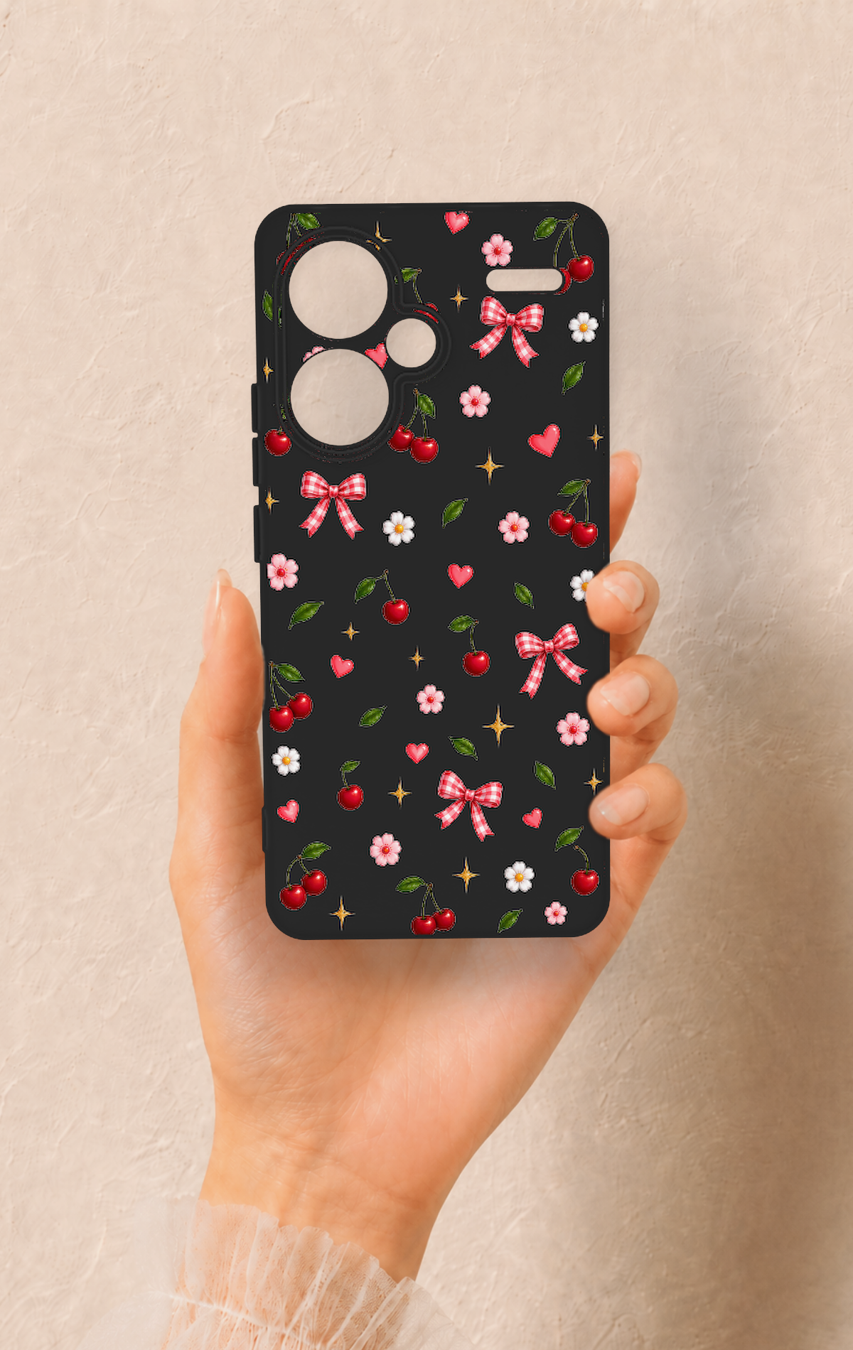 Redmi Note 13 Pro Plus Uyumlu Papatya Kiraz Fiyonk Desenli Silikon Kılıf