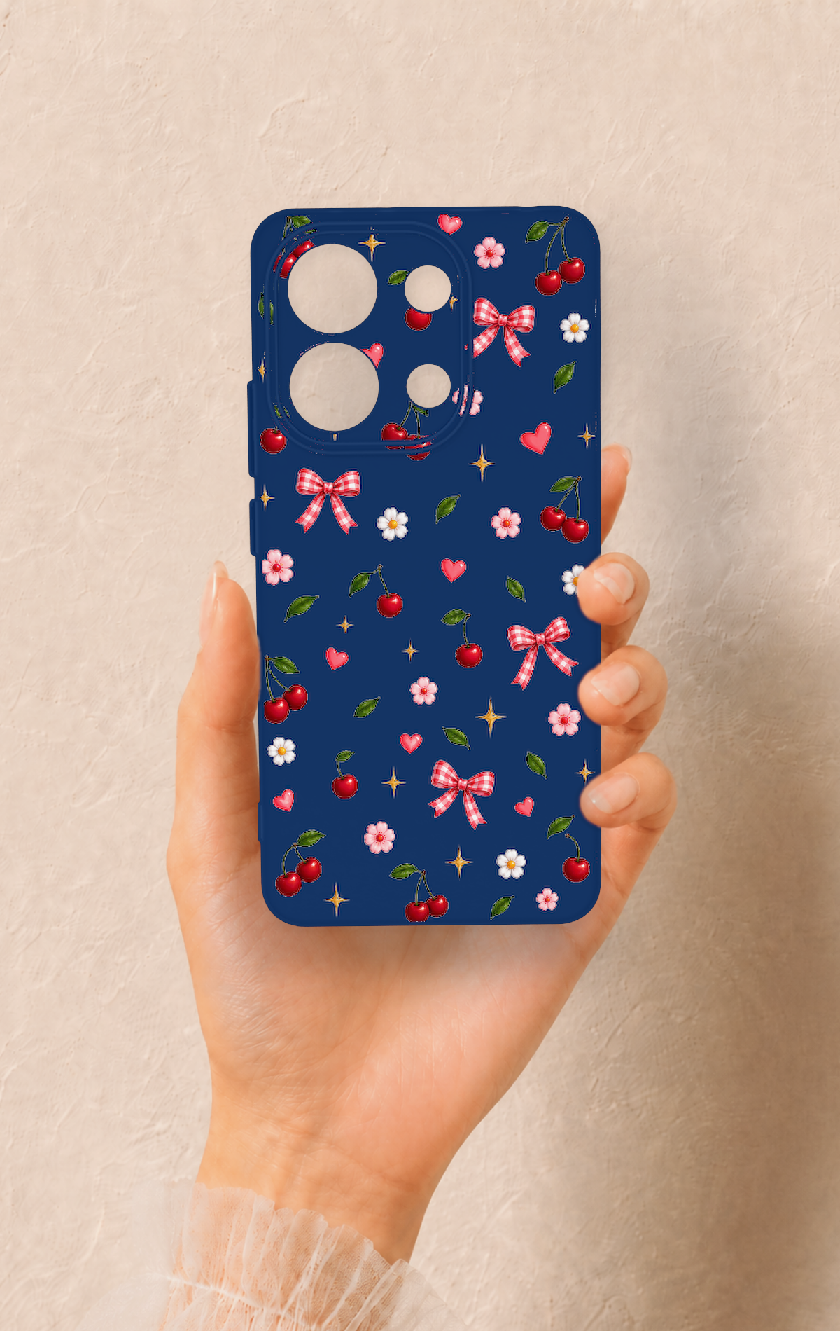 Redmi Note 13 4G Uyumlu Çiçek Kiraz Fiyonk Desenli Silikon Kılıf