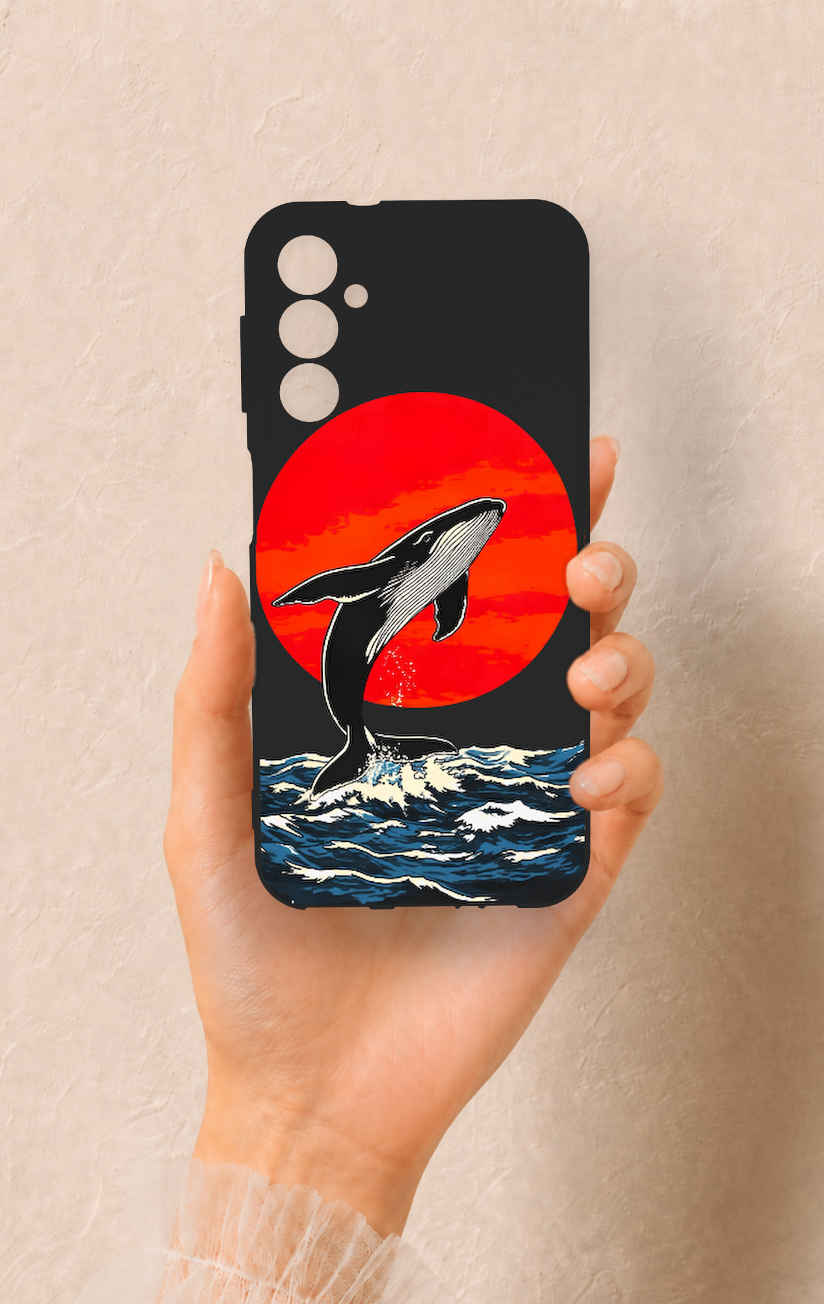 Samsung A14 Uyumlu Kırmızı Güneş Balina Desenli Silikon Kılıf