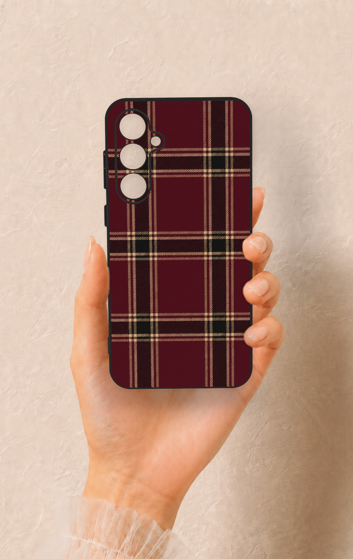 Samsung S23Fe Uyumlu Bordo Siyah Ekose Desenli Silikon Kılıf