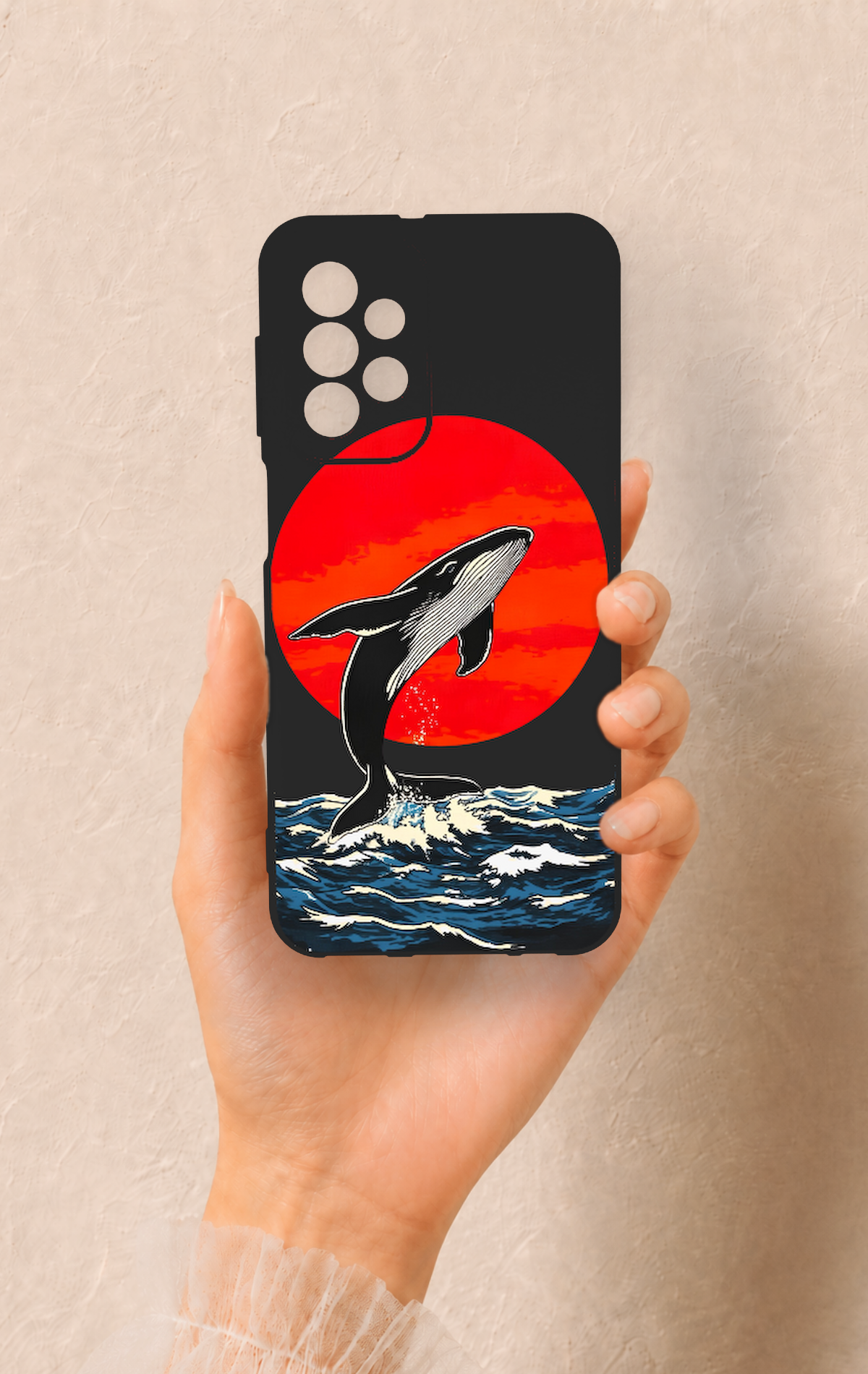 Samsung A23 Uyumlu Kırmızı Güneş Balina Desenli Silikon Kılıf