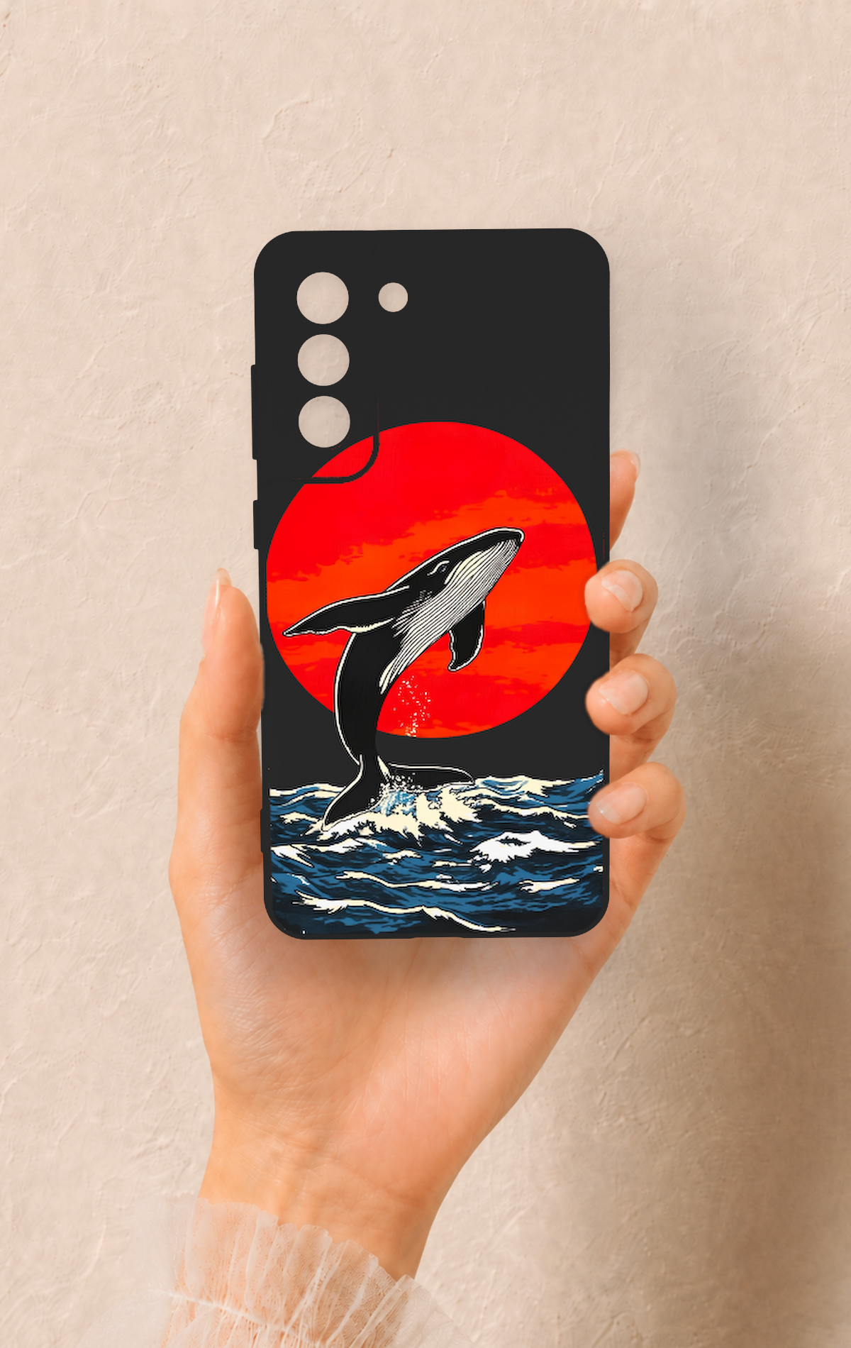 Samsung-S21FE Uyumlu Kırmızı Güneş Balina Desenli Silikon Kılıf