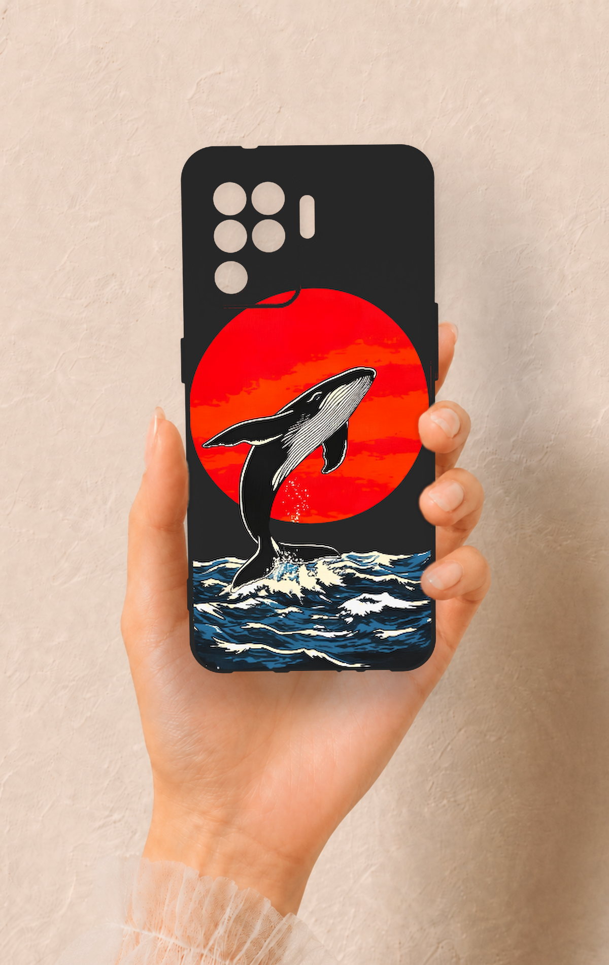 Oppo Reno 5 Lite Uyumlu Kırmızı Güneş Balina Desenli Silikon Kılıf