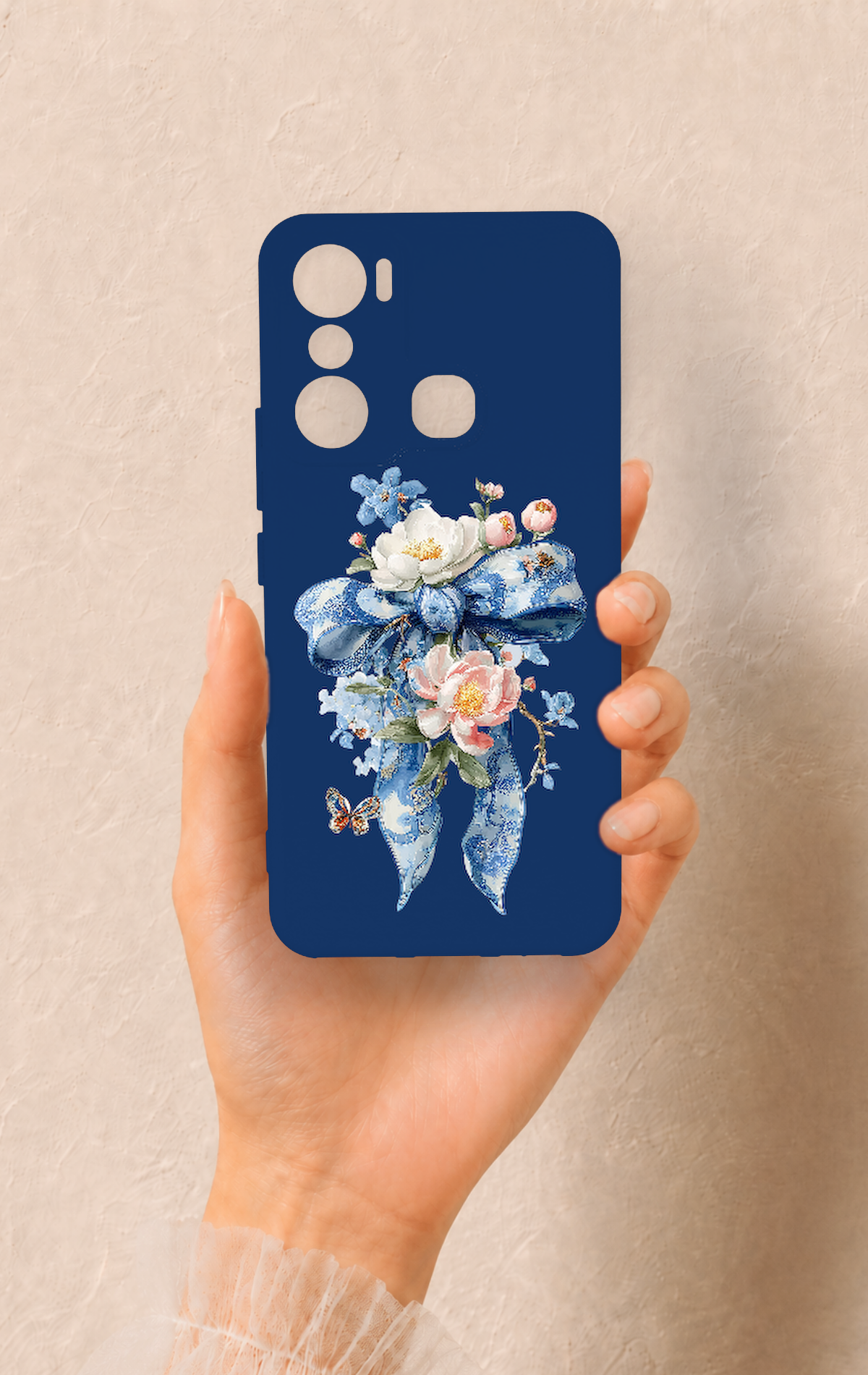 İnfinix Hot 20i Uyumlu Mavi Kurdeleli Çiçek Desenli Silikon Kılıf