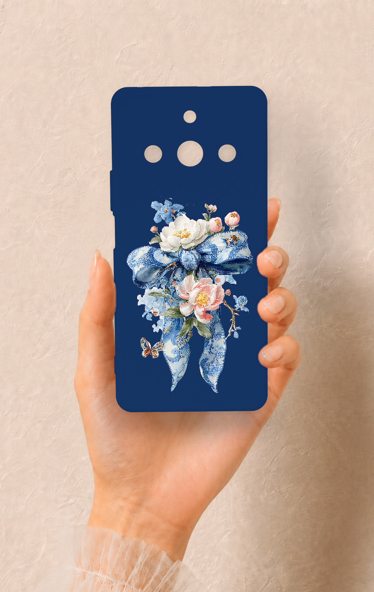 Realme 11 Pro Uyumlu Mavi Kurdeleli Çiçek Desenli Silikon Kılıf