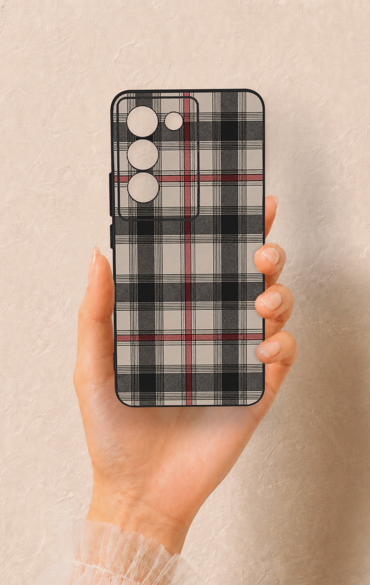 Vivo V30 Lite Uyumlu Siyah Kırmızı Ekose Desenli Silikon Kılıf