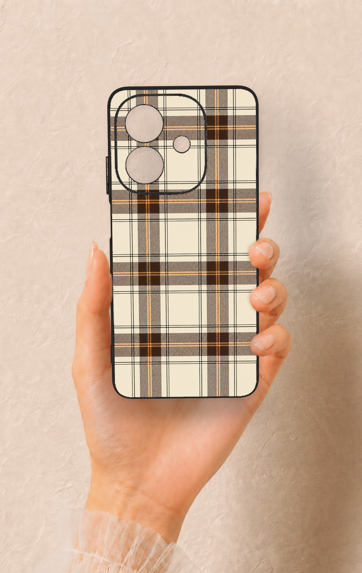 Oppo A3 Uyumlu Bej Kahverengi Ekose Desenli Silikon Kılıf