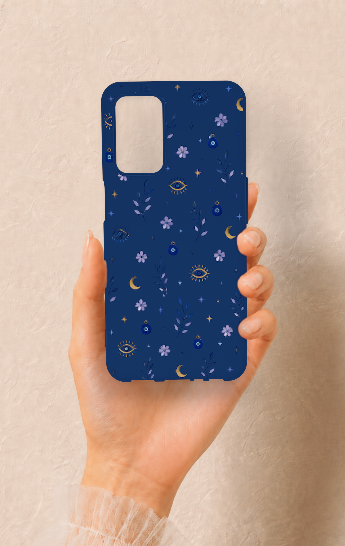 Oppo A55 Uyumlu Mavi Nazar Papatya Desenli Silikon Kılıf