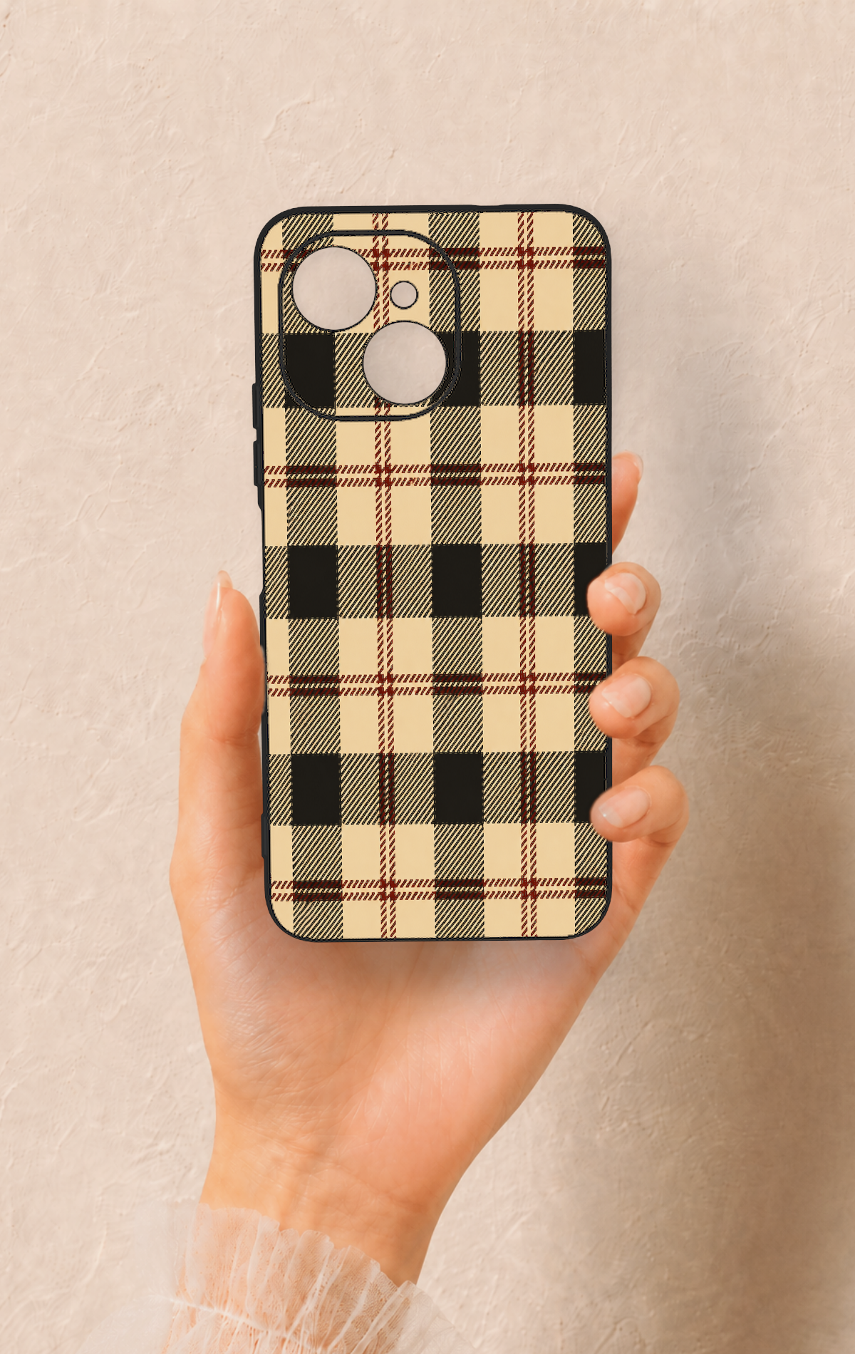 Tecno Spark 40C Uyumlu Krem Ekose Desenli Silikon Kılıf