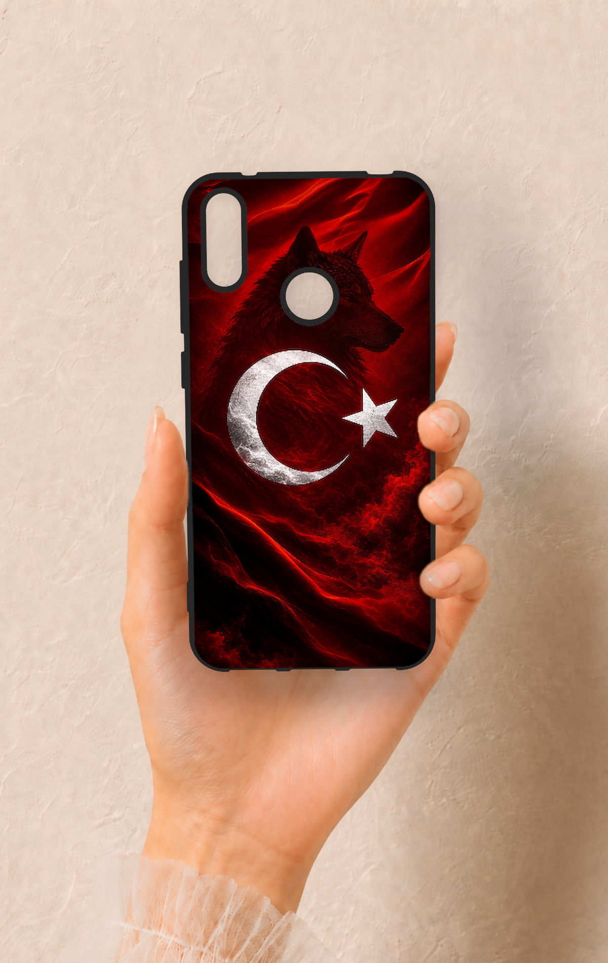 Huawei Y7 2019 Uyumlu Kurt Türk Bayrağı Desenli Silikon Kılıf